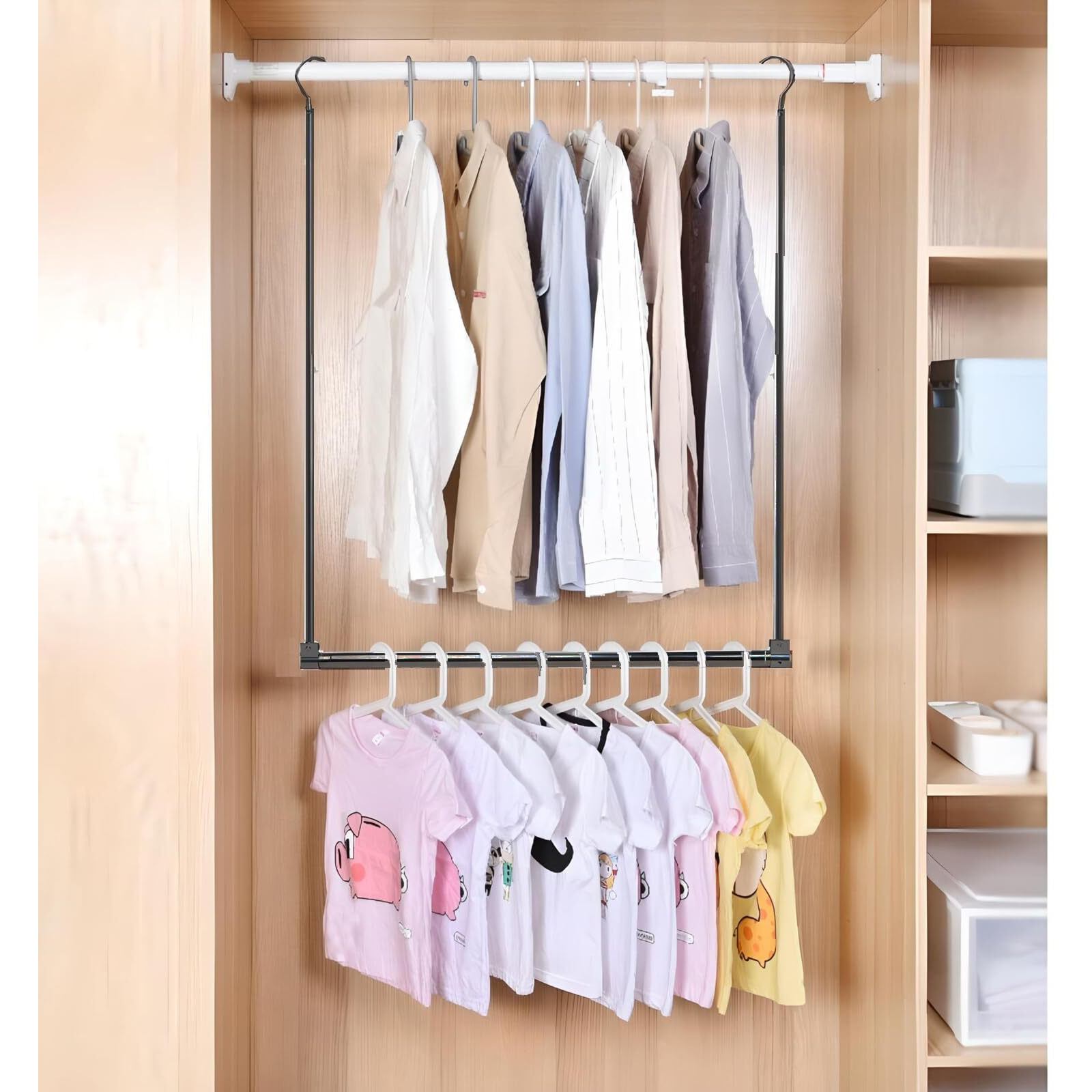 Adjustable Hanging Closet Rod, Extender Hanging Rod, Closet Hanging Organizer, Heavy Duty Closet Bar, Hanging Rod (Black, 2 Pack)