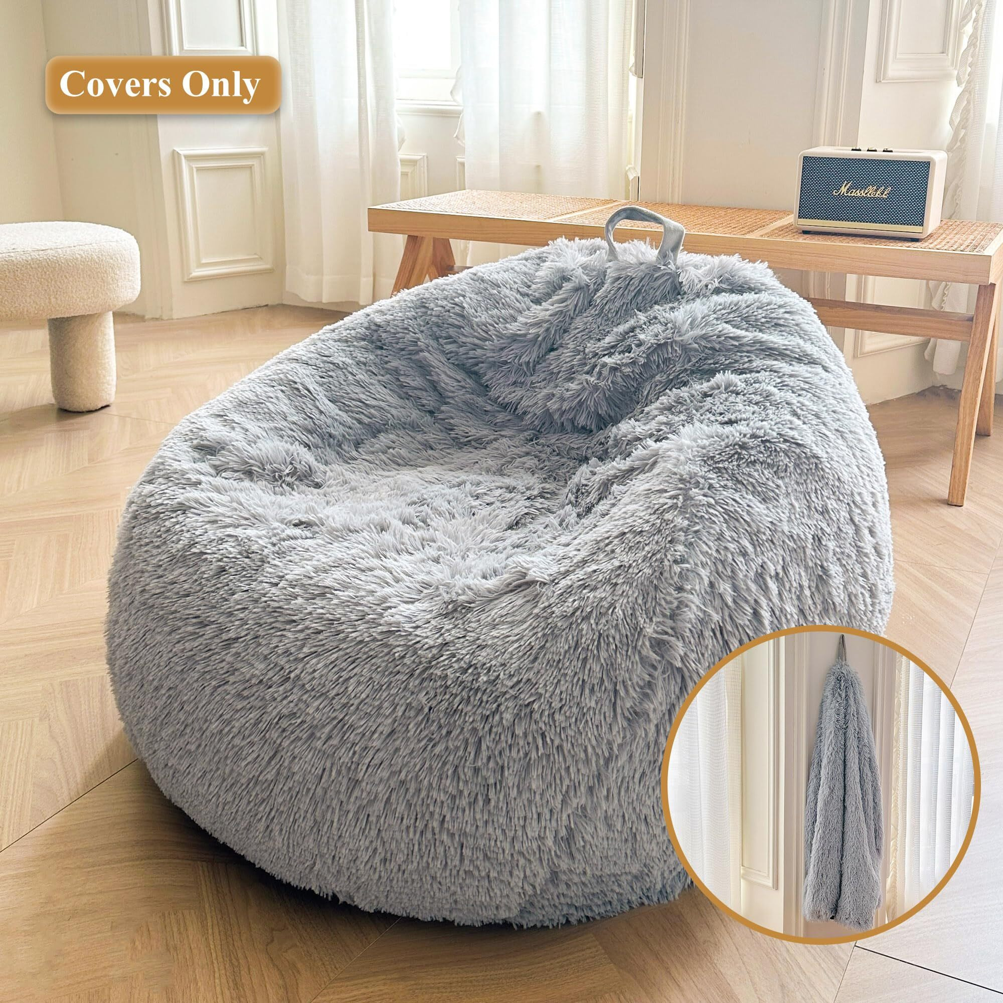 Xege Fluffy Stuffed Animal Storage Bean Bag Cover (No Filler), Faux Fur Washable Ultra Soft Bean Bag Cover For Plush Toys Or Textile, Plush Shaggy Large Bean Bag For Adults Kids Teens, Light Grey