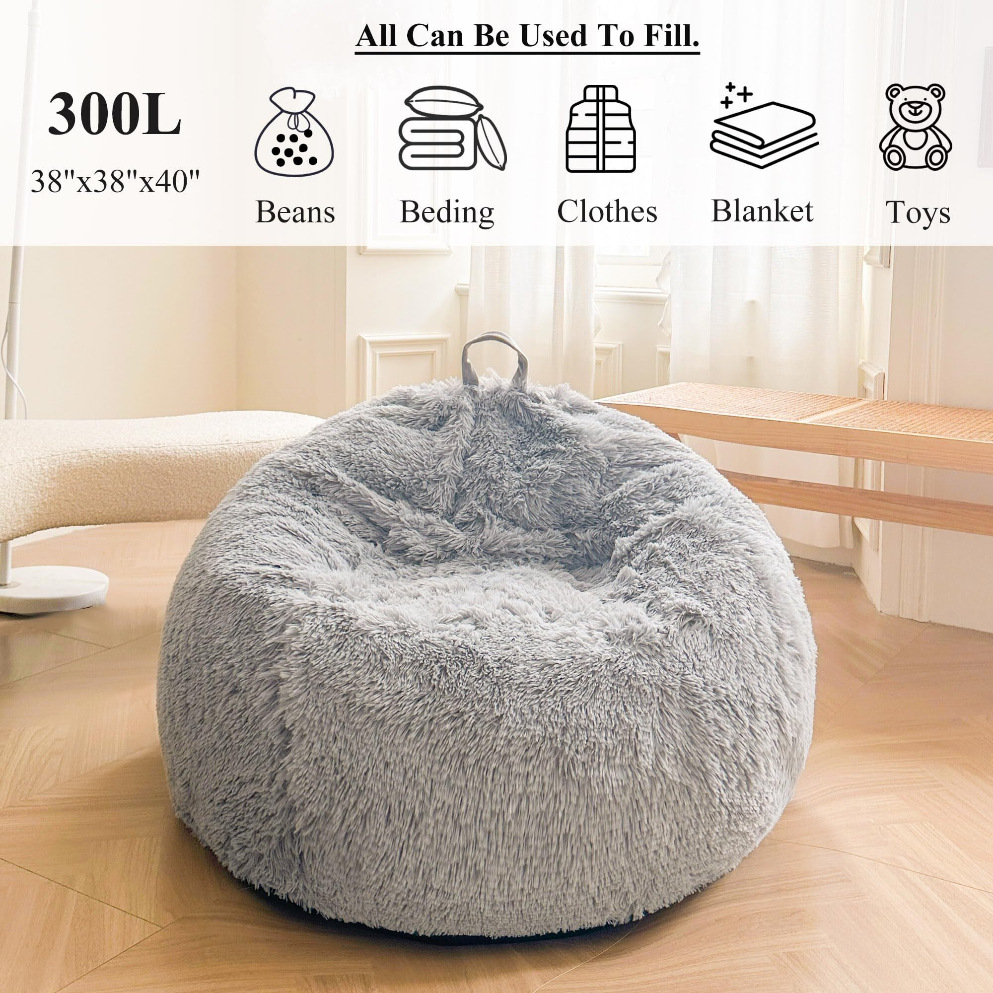 Xege Fluffy Stuffed Animal Storage Bean Bag Cover (No Filler), Faux Fur Washable Ultra Soft Bean Bag Cover For Plush Toys Or Textile, Plush Shaggy Large Bean Bag For Adults Kids Teens, Light Grey