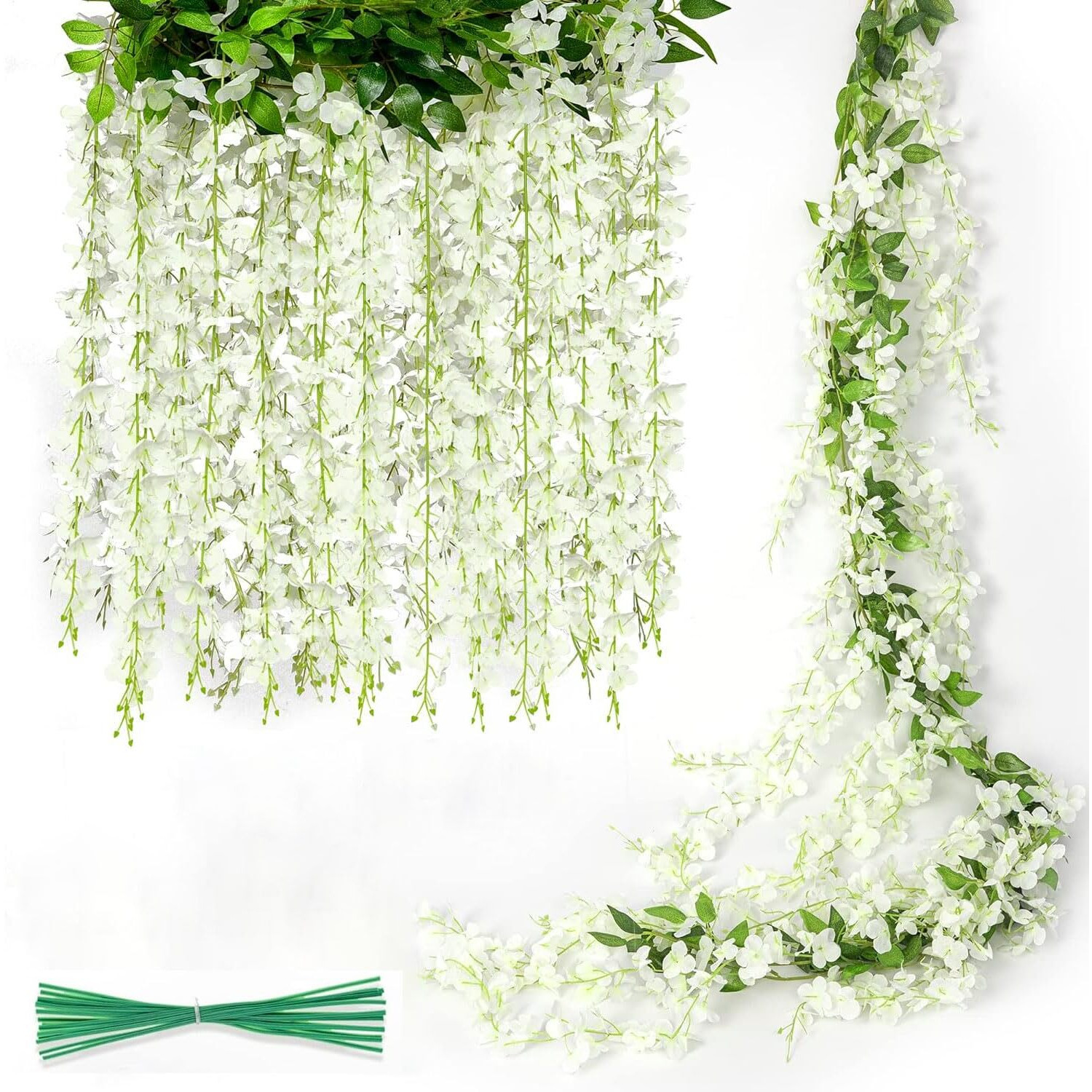 Jackyled Wisteria Hanging Flowers 4 Packs, 40 Branches 6Ft Artificial White Silk Wisteria Vine With Lights Garland For Aesthetic Bedroom Party Garden Home Decor Wedding