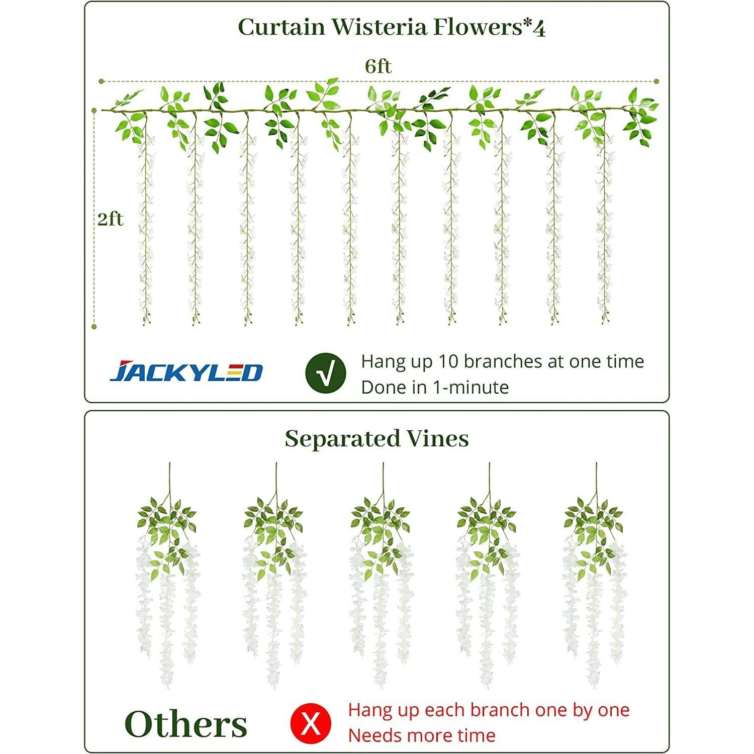 Jackyled Wisteria Hanging Flowers 4 Packs, 40 Branches 6Ft Artificial White Silk Wisteria Vine With Lights Garland For Aesthetic Bedroom Party Garden Home Decor Wedding