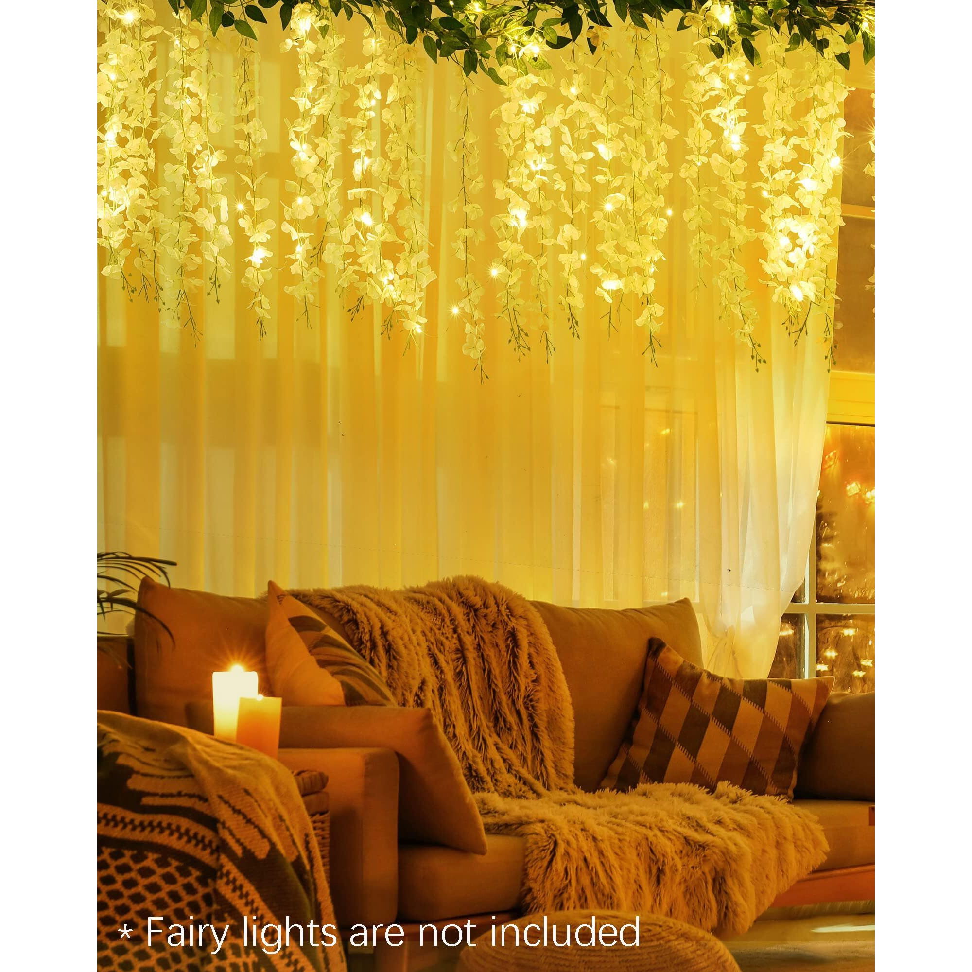 Jackyled Wisteria Hanging Flowers 4 Packs, 40 Branches 6Ft Artificial White Silk Wisteria Vine With Lights Garland For Aesthetic Bedroom Party Garden Home Decor Wedding