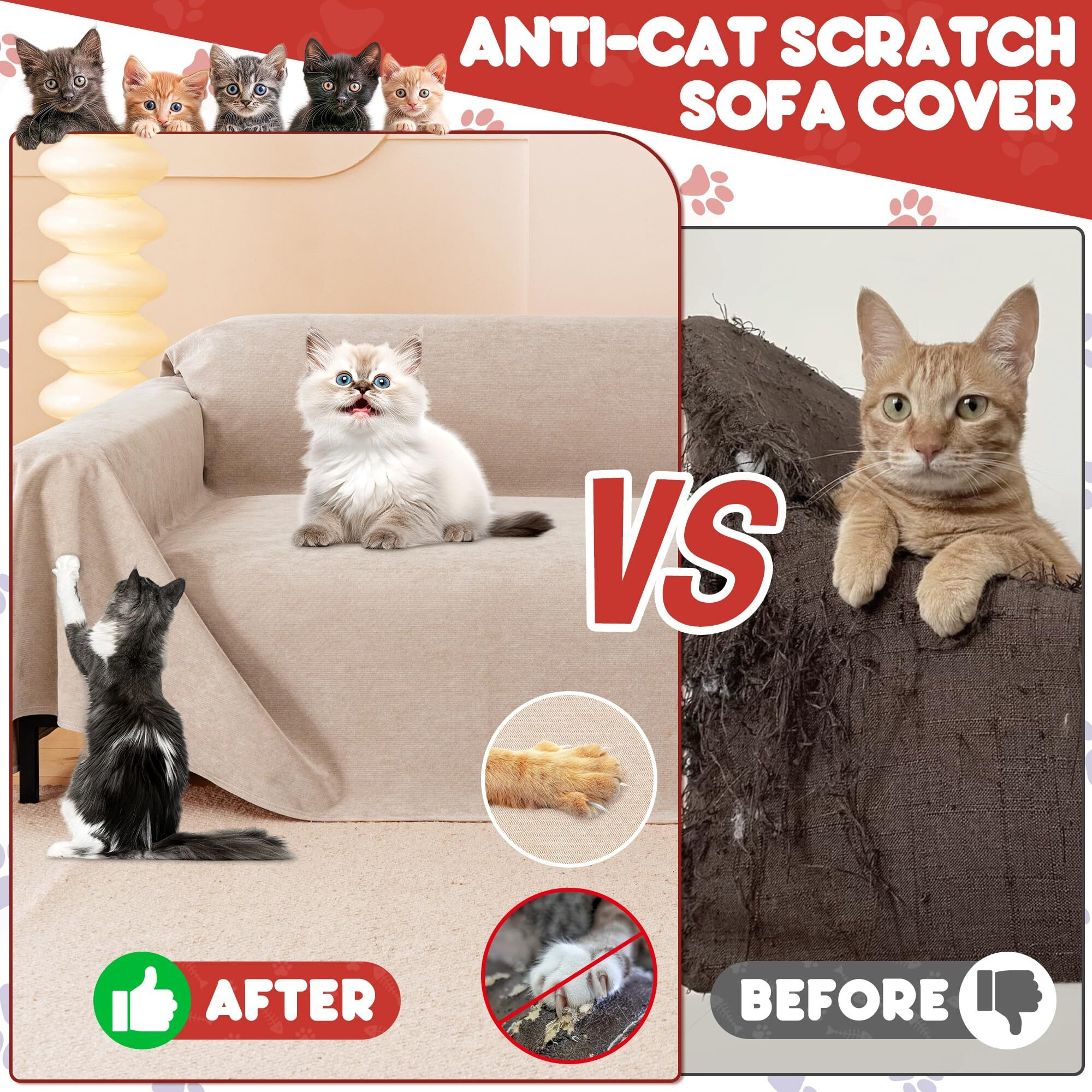 Cat Scratch Furniture Protector - Anti-Slip, Waterproof Sofa Cover To Keep Cats Off, Pet-Friendly Couch Protectors For 3 Cushion Couch, Khaki Anti-Scratch Couch Cover For Pets And Kids 118"&quotX71""