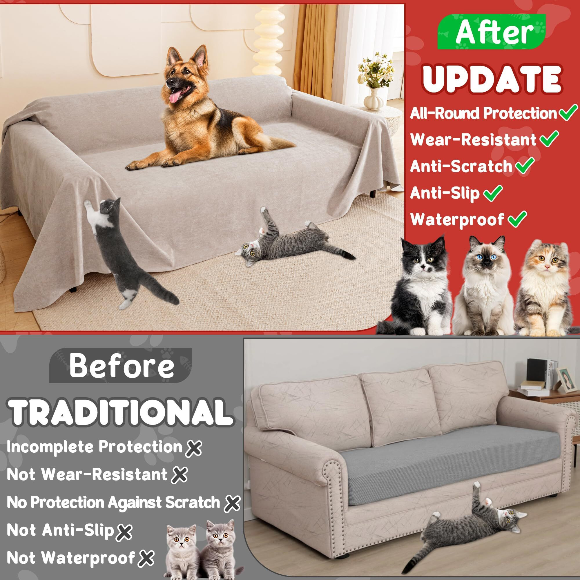 Cat Scratch Furniture Protector - Anti-Slip, Waterproof Sofa Cover To Keep Cats Off, Pet-Friendly Couch Protectors For 3 Cushion Couch, Khaki Anti-Scratch Couch Cover For Pets And Kids 118"&quotX71""