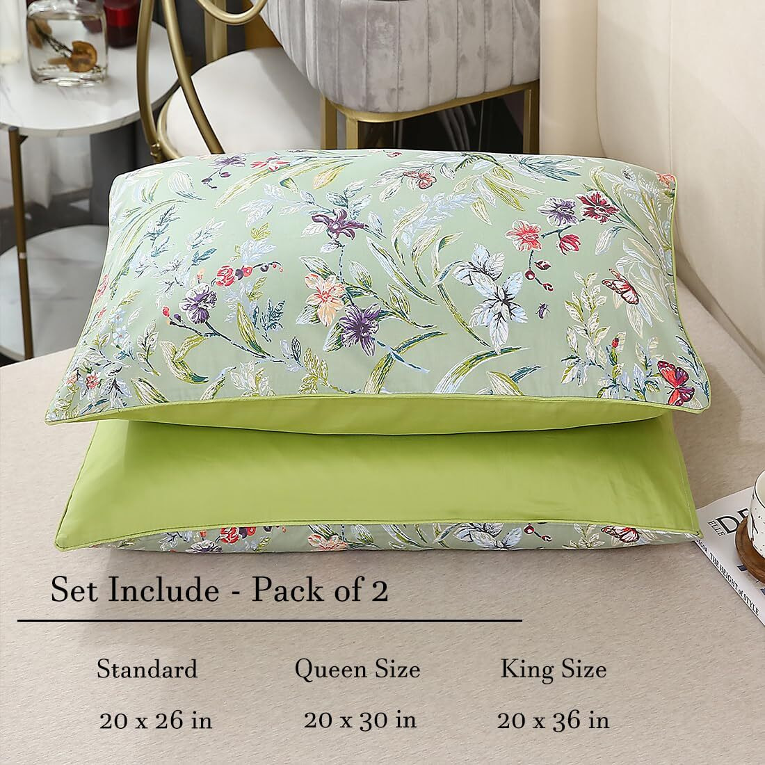Winlife 100% Cotton Pillowcases Standard Size Sage Green Garden Floral & Butterflies Printed Pillow Cover 2 Pack, Soft Smooth Cool Envelope Closure Pillow Case Set (Standard, 20"&quotX26"")