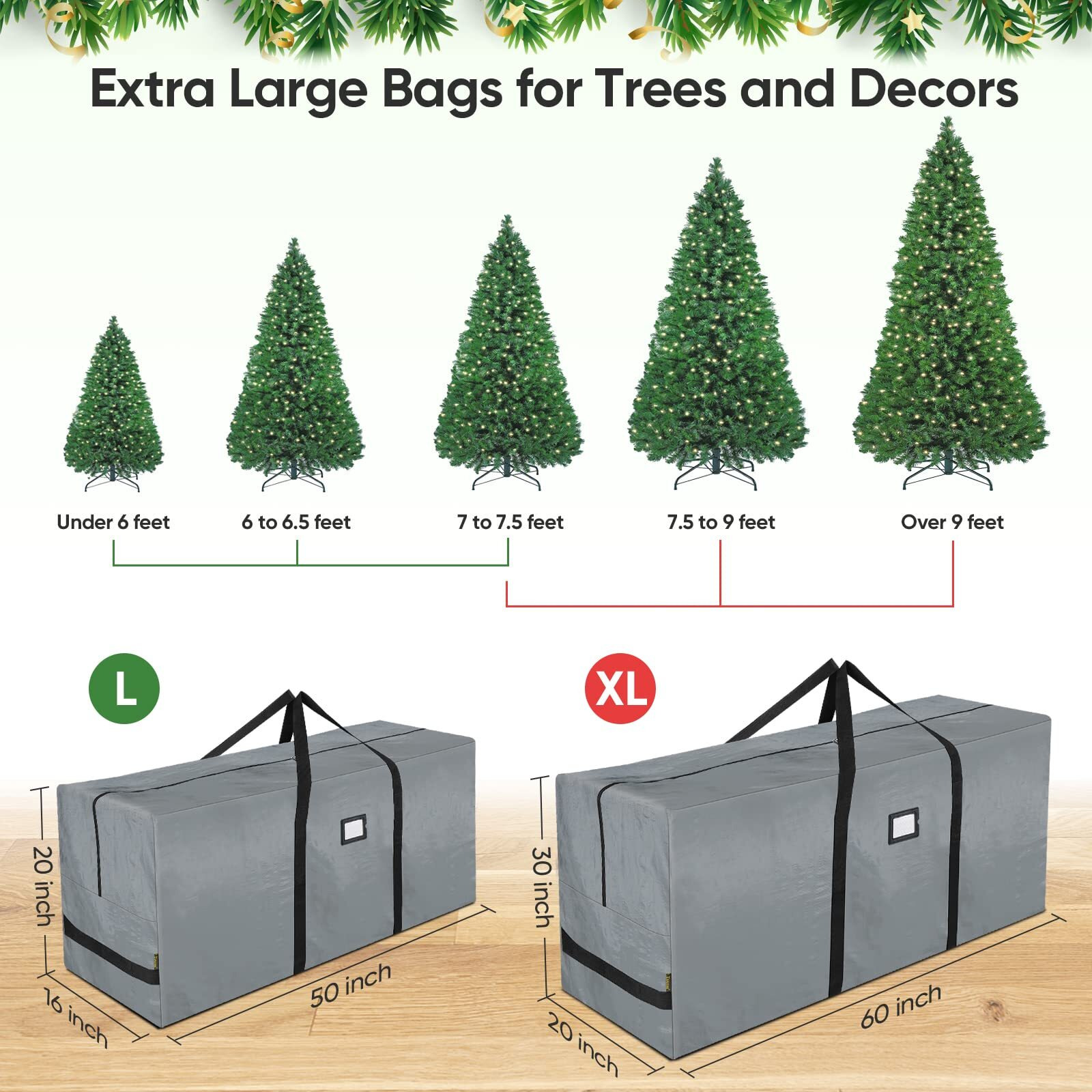 Baleine 7.5 Ft Christmas Tree Storage Bag, Heavy Duty Extra Large Artificial Christmas Tree Bag With Reinforced Handles And Dual Zippers Wide Opening (Gray, 7.5 Ft)