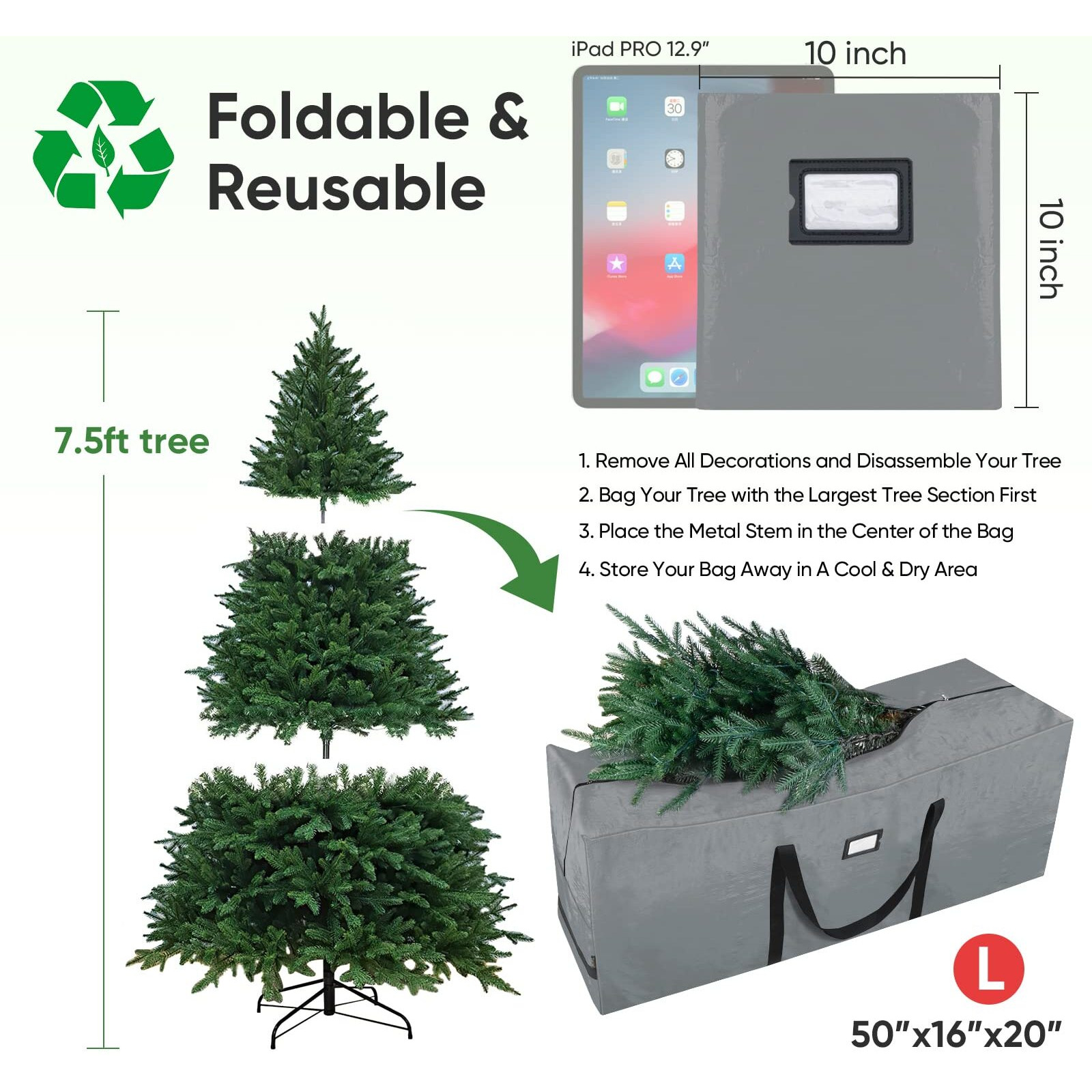 Baleine 7.5 Ft Christmas Tree Storage Bag, Heavy Duty Extra Large Artificial Christmas Tree Bag With Reinforced Handles And Dual Zippers Wide Opening (Gray, 7.5 Ft)