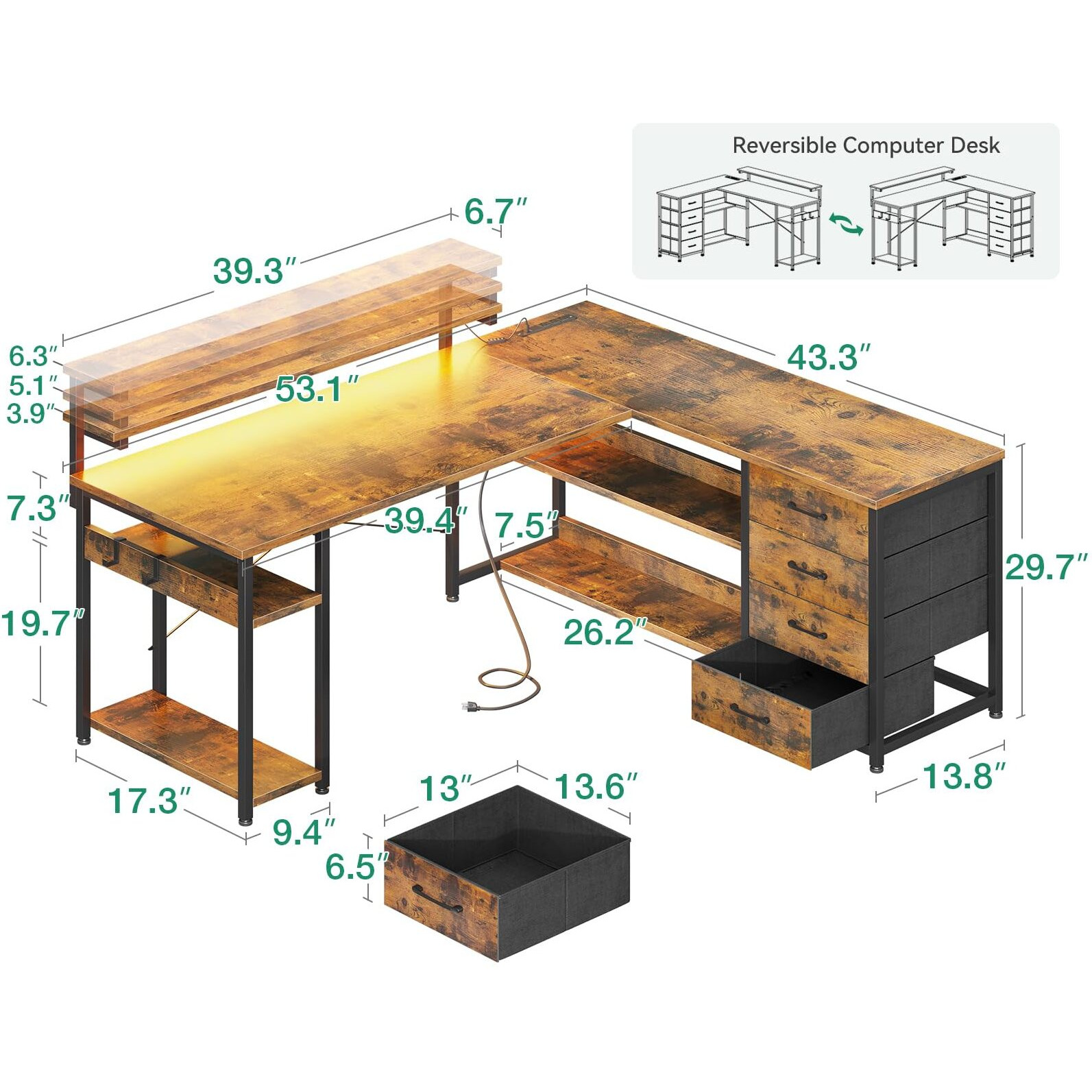 Aodk 53"" L Shaped Desk With Drawer, Computer Desk With Power Outlets & Led Lights, Reversible Corner Gaming Desk For Home Office Workstation, Office Desk With Monitor Shelf, Vintage