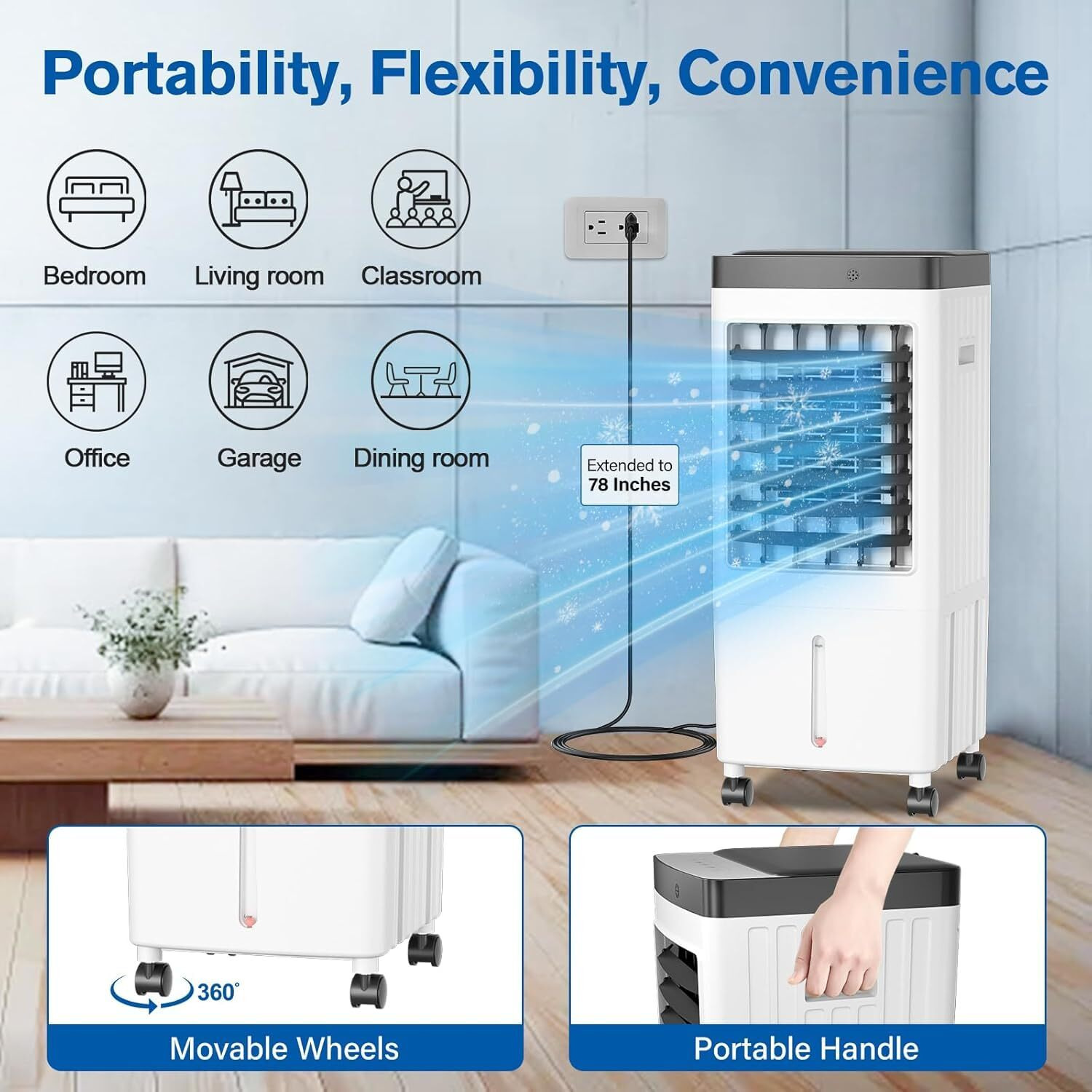 Air Conditioners, 2024 Upgraded Portable Air Conditioner With 3 Gal Water Tank, Air Conditioner Portable For Room With 6 Ice Box, 3-In-1 Super Wind Quiet Swamp Cooler, Ac For Room/Bedroom/Garage75