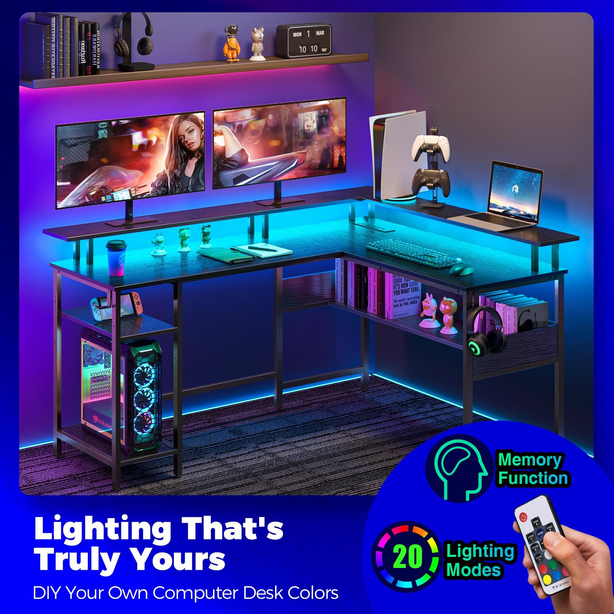 Rolanstar Computer Desk L Shaped 56.7"" With Led Lights And Power Outlets, Reversible L Shaped Gaming Desk With Monitor Stand, Home Office Desk With Storage, Desk With Usb Port And Hook, Black