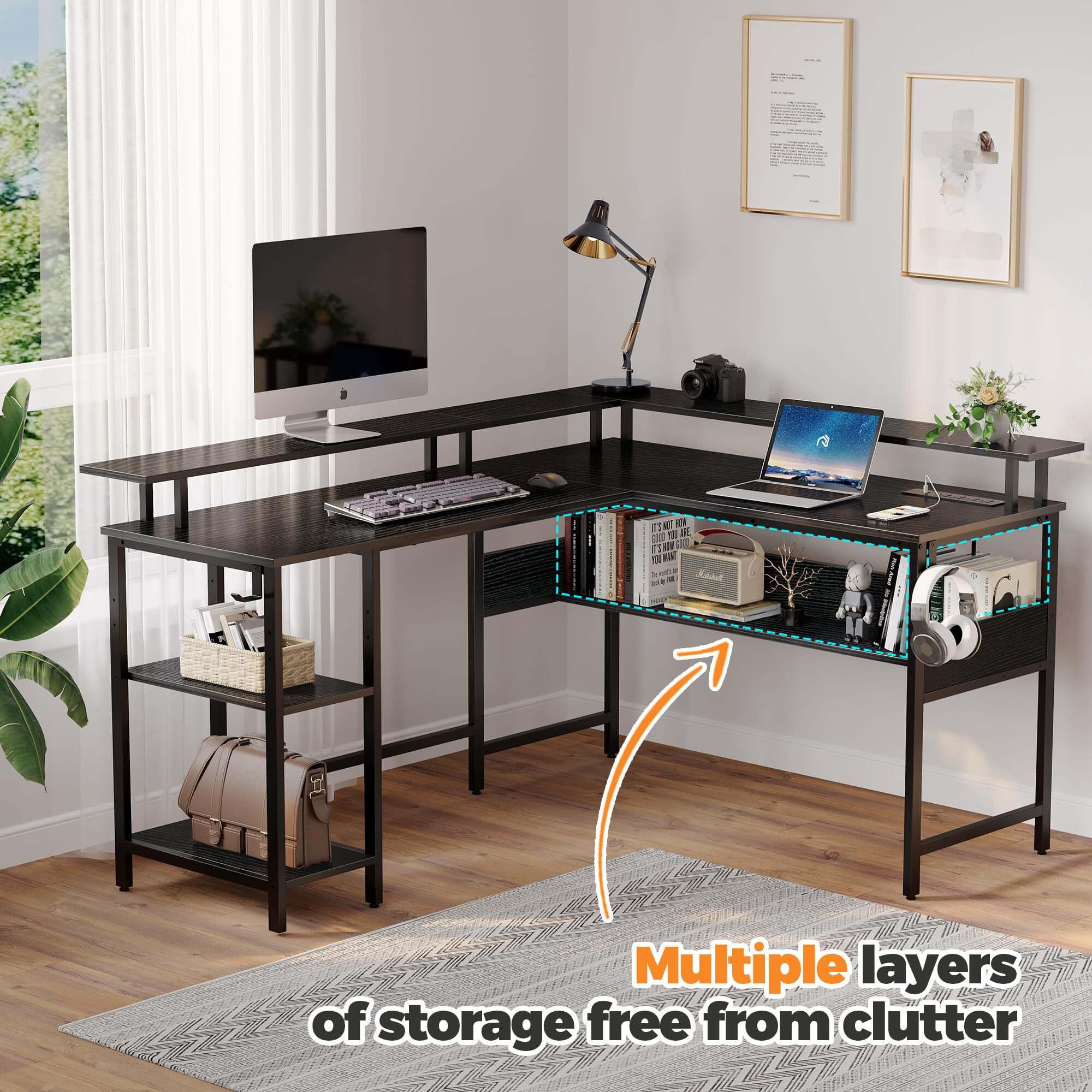 Rolanstar Computer Desk L Shaped 56.7"" With Led Lights And Power Outlets, Reversible L Shaped Gaming Desk With Monitor Stand, Home Office Desk With Storage, Desk With Usb Port And Hook, Black