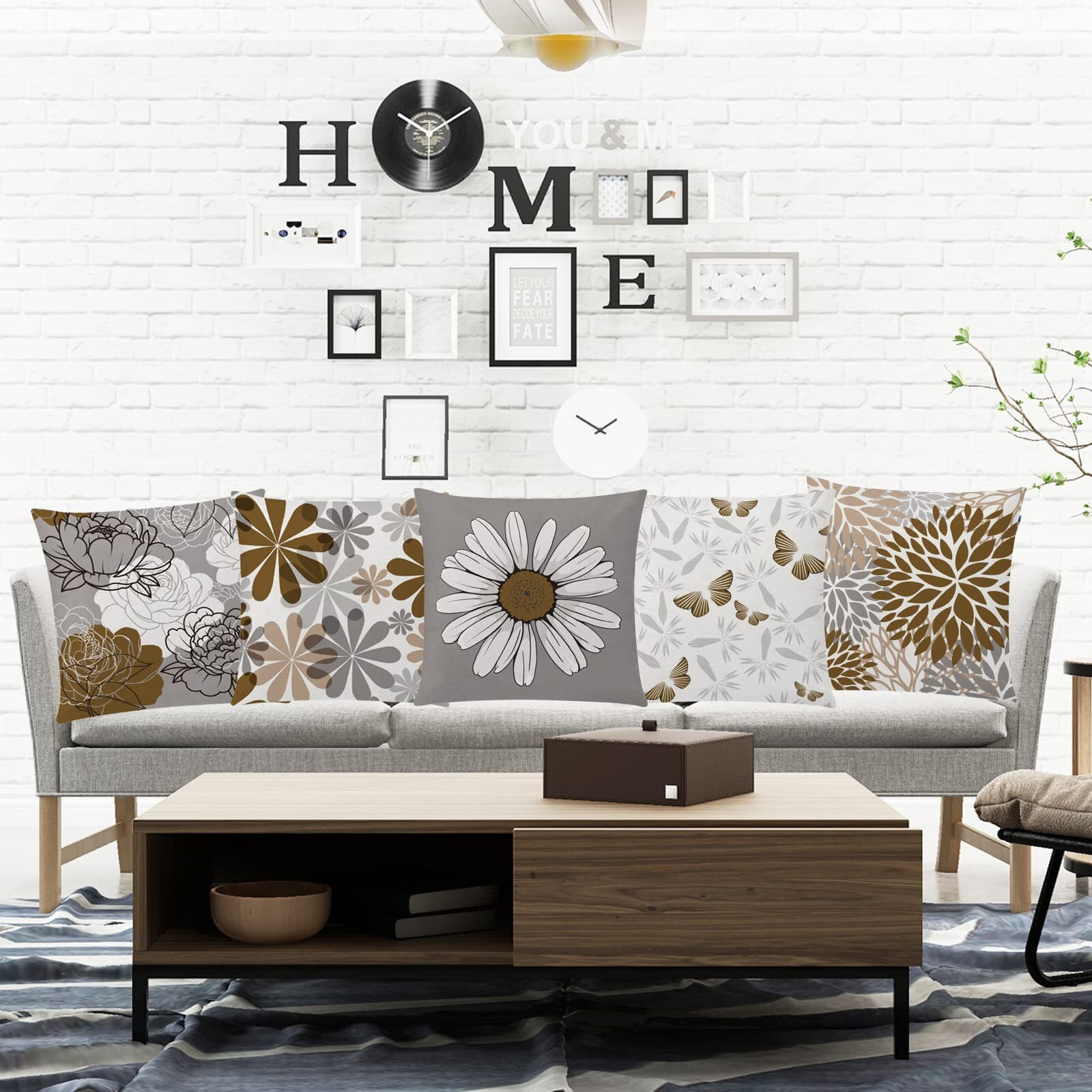 Comminy Brown Grey Pillow Covers 18X18 Set Of 6 Decorative Daisy Flower Throw Pillow Cover For Couch Modern Coffee Pillow Case For Patio Living Room Cushion Bed Outdoor Farmhouse Home Decor