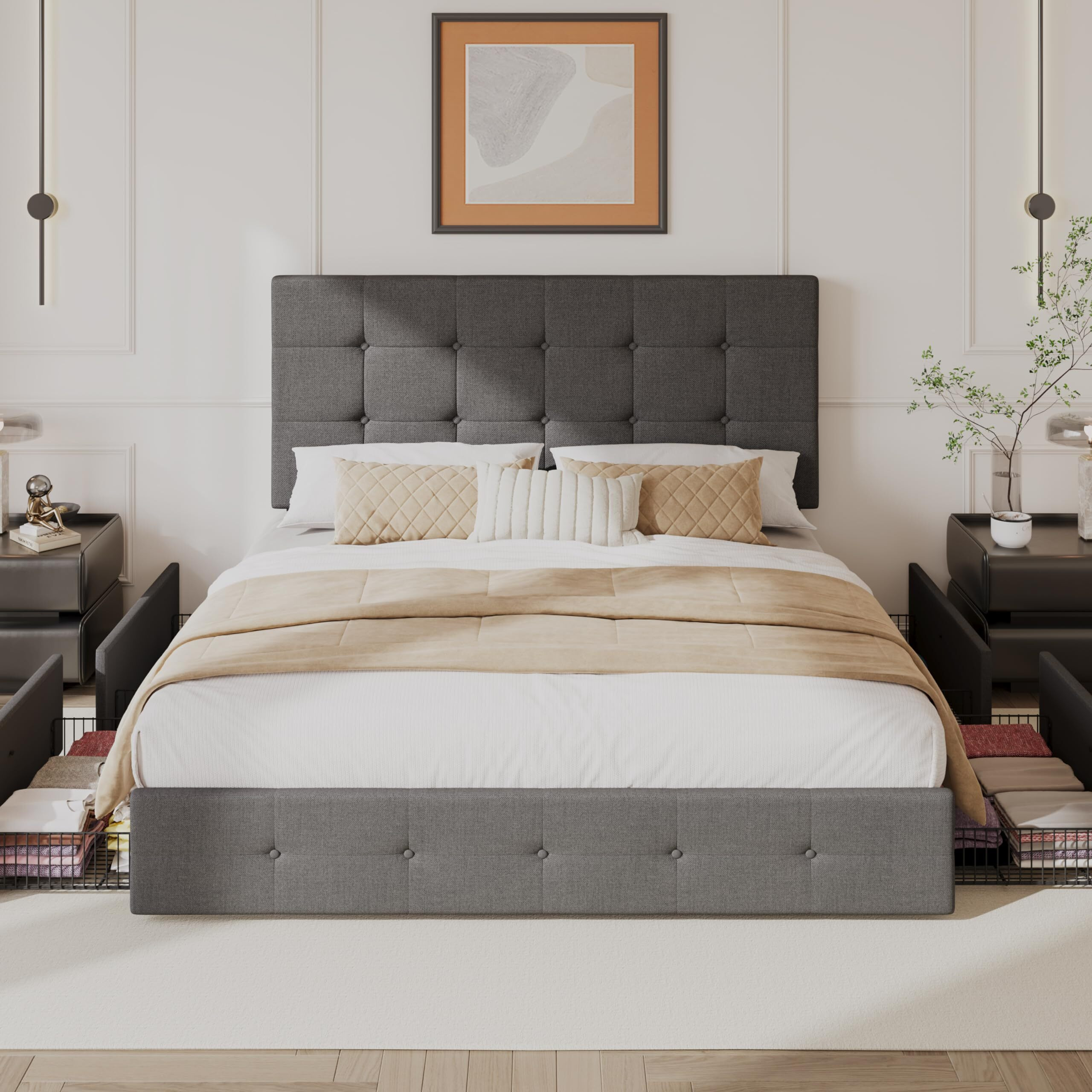 Sha Cerlin Upholstered Full Size Platform Bed Frame With Adjustable Headboard And 4 Drawers Under Bed Storage, No Box Spring Needed, Square Stitches Button Tufted Design, Dark Grey