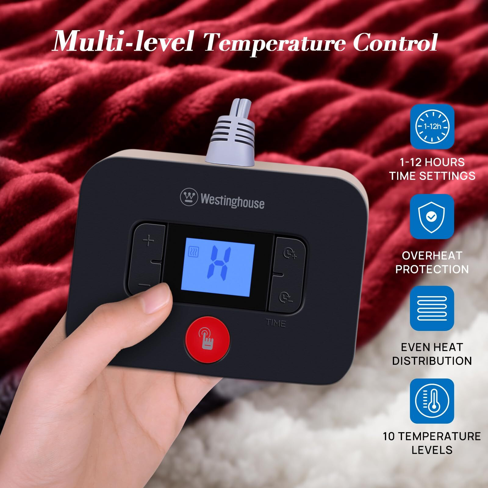 Westinghouse Full Size Heated Blanket, Soft Flannel To Sherpa Electric Blanket With 10 Heating Settings & 1-12 Hours Auto Shut Off, Fast Heating & Machine Washable, 72X84 Inch, Red