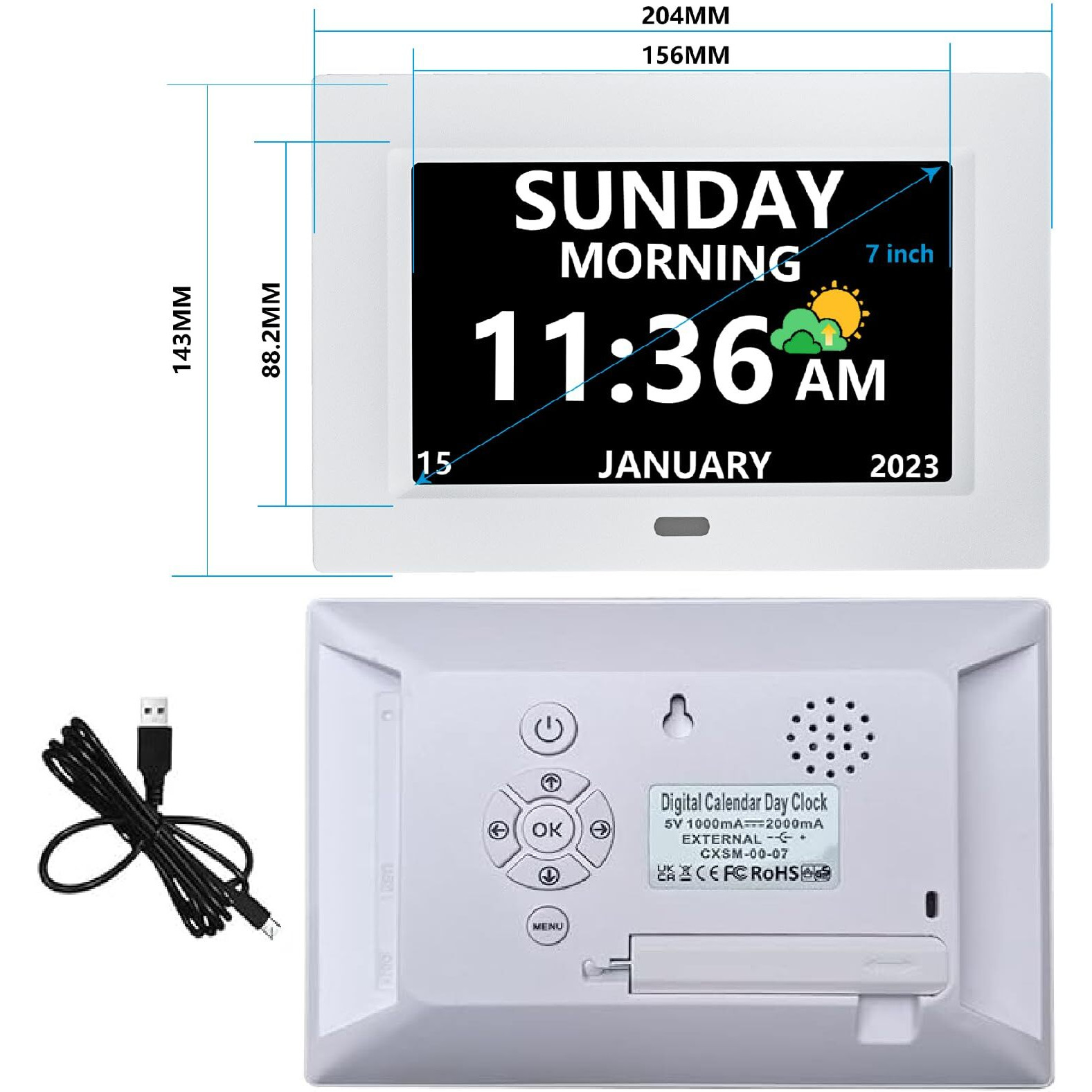 Lxbyjkj 7 Inch Digital Clock With Day And Date For Elderly Alzheimer's Dementia Clock Customizable Alarms And Medicine Reminders 3 Display Modes Large Font Digital Alarm Clock For Seniors White