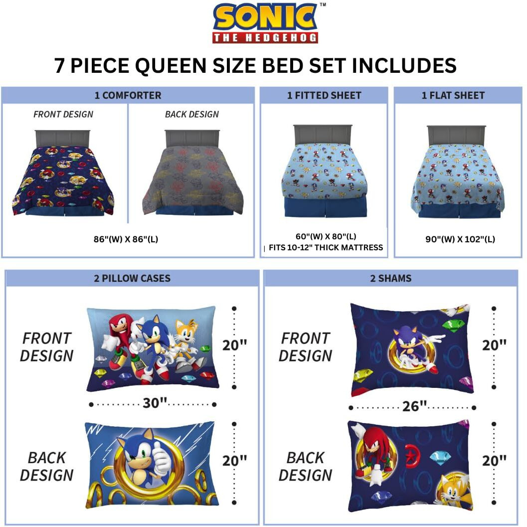 Franco Sonic The Hedgehog Anime Kids Bedding Super Soft Comforter And Sheet Set With Sham, 7 Piece Queen Size, (Official Licensed Product)