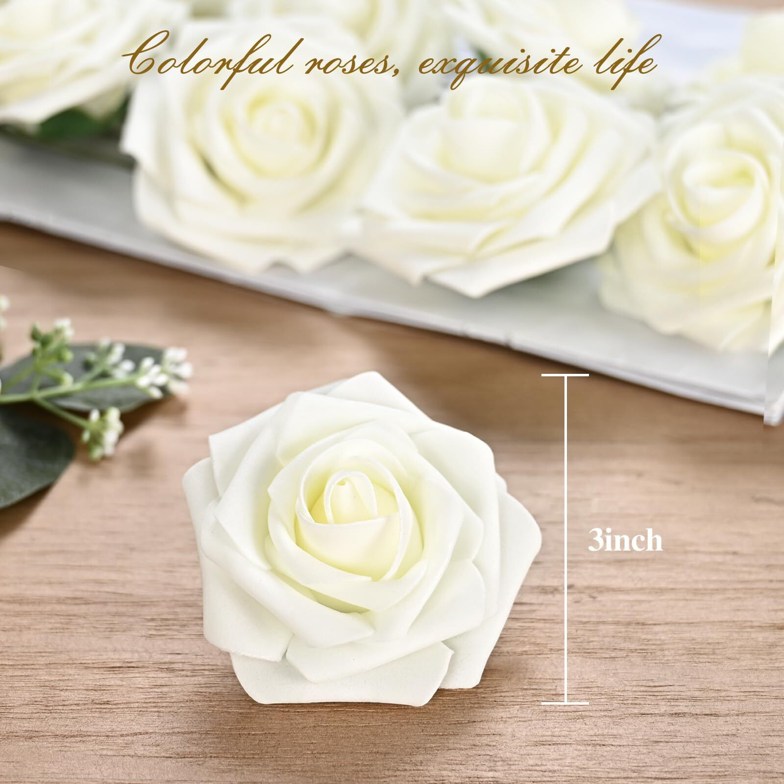 Bleum Cade 16Pcs Artificial Flowers Fake Roses With Stems, Ivory White Boxed Foam Roses For Diy Bouquets Centerpieces Wedding Party Arrangement Bridal Shower Decor