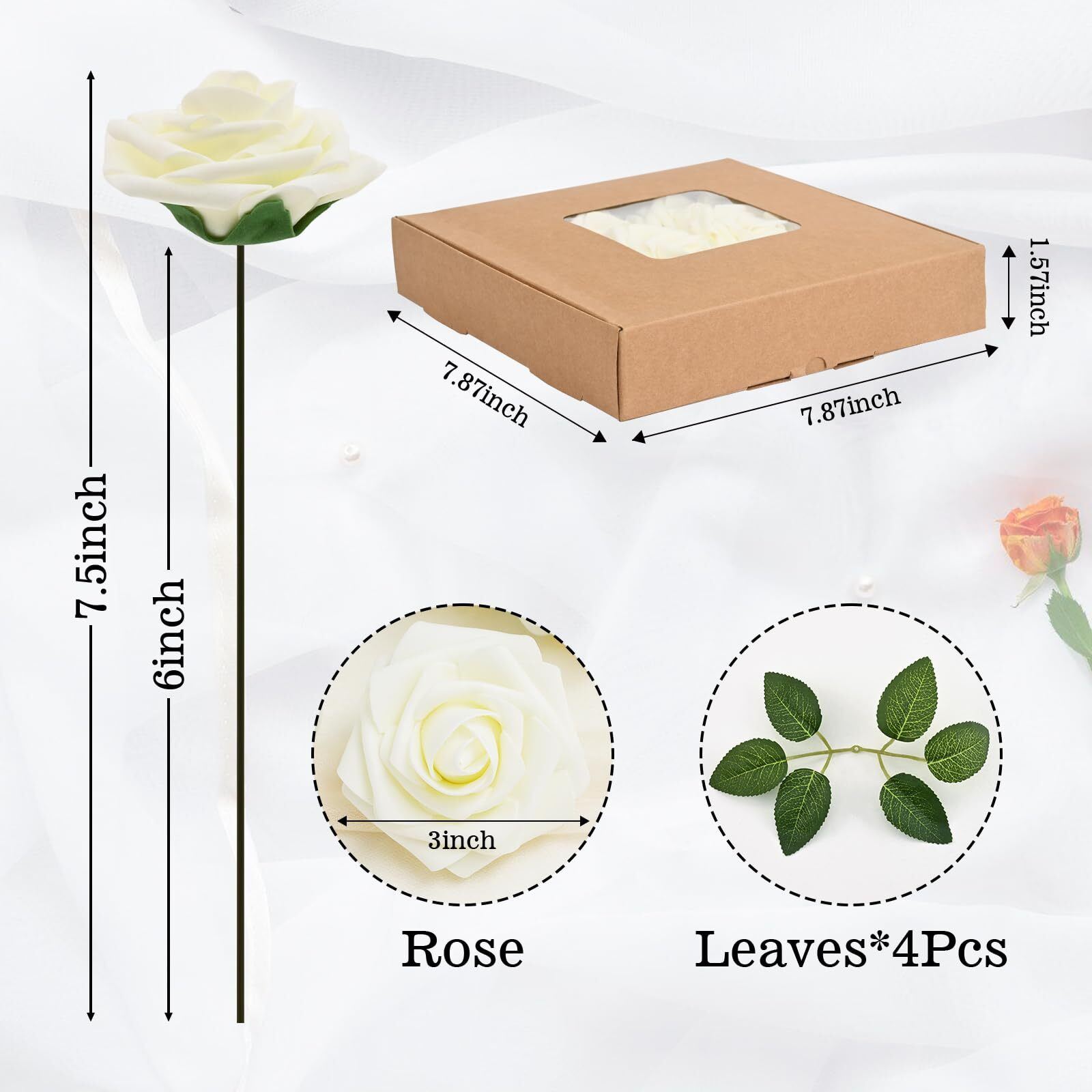 Bleum Cade 16Pcs Artificial Flowers Fake Roses With Stems, Ivory White Boxed Foam Roses For Diy Bouquets Centerpieces Wedding Party Arrangement Bridal Shower Decor