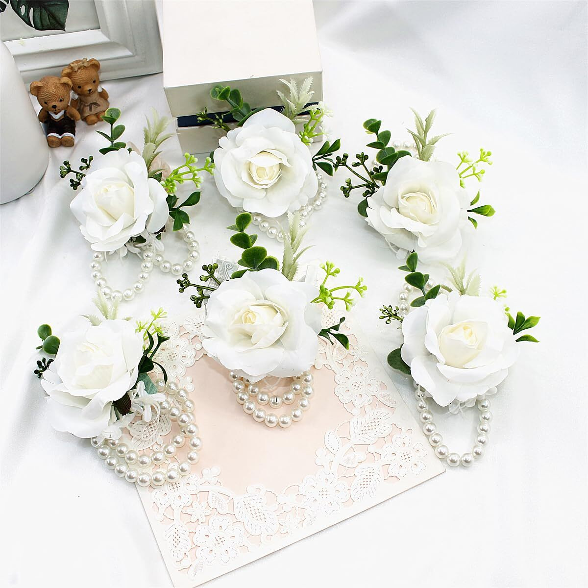 Meldel White Corsage And Boutonniere Set, Ivory Boutonniere, Prom Flower Wrist Corsage Bracelets, Homecoming Corsage Wristlet, Men Boutonniere For Wedding Flowers Accessories Prom Suit Decorations