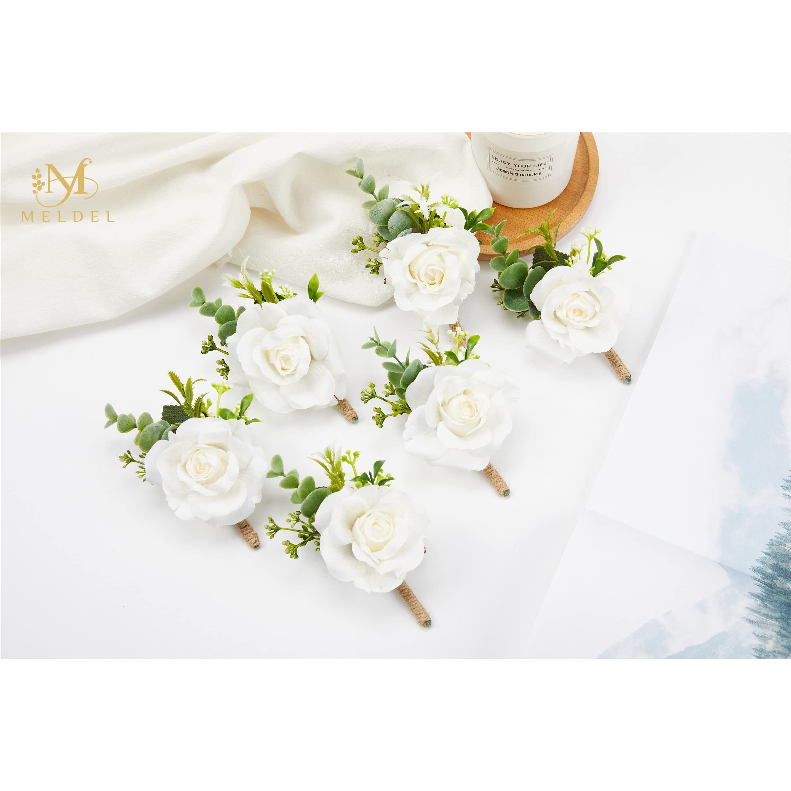 Meldel White Corsage And Boutonniere Set, Ivory Boutonniere, Prom Flower Wrist Corsage Bracelets, Homecoming Corsage Wristlet, Men Boutonniere For Wedding Flowers Accessories Prom Suit Decorations