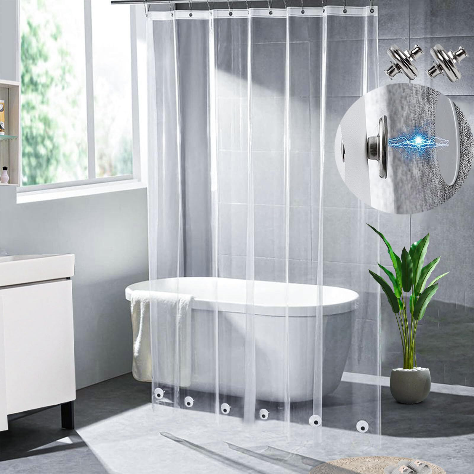 76 Inch Shower Curtain Liner With 6 Magnets & 6 Magnetic Shower Curtain Clips, Heavy Duty Weighted Clear Vinyl 72 X 76 Shower Liner Long For Bathroom,72X76