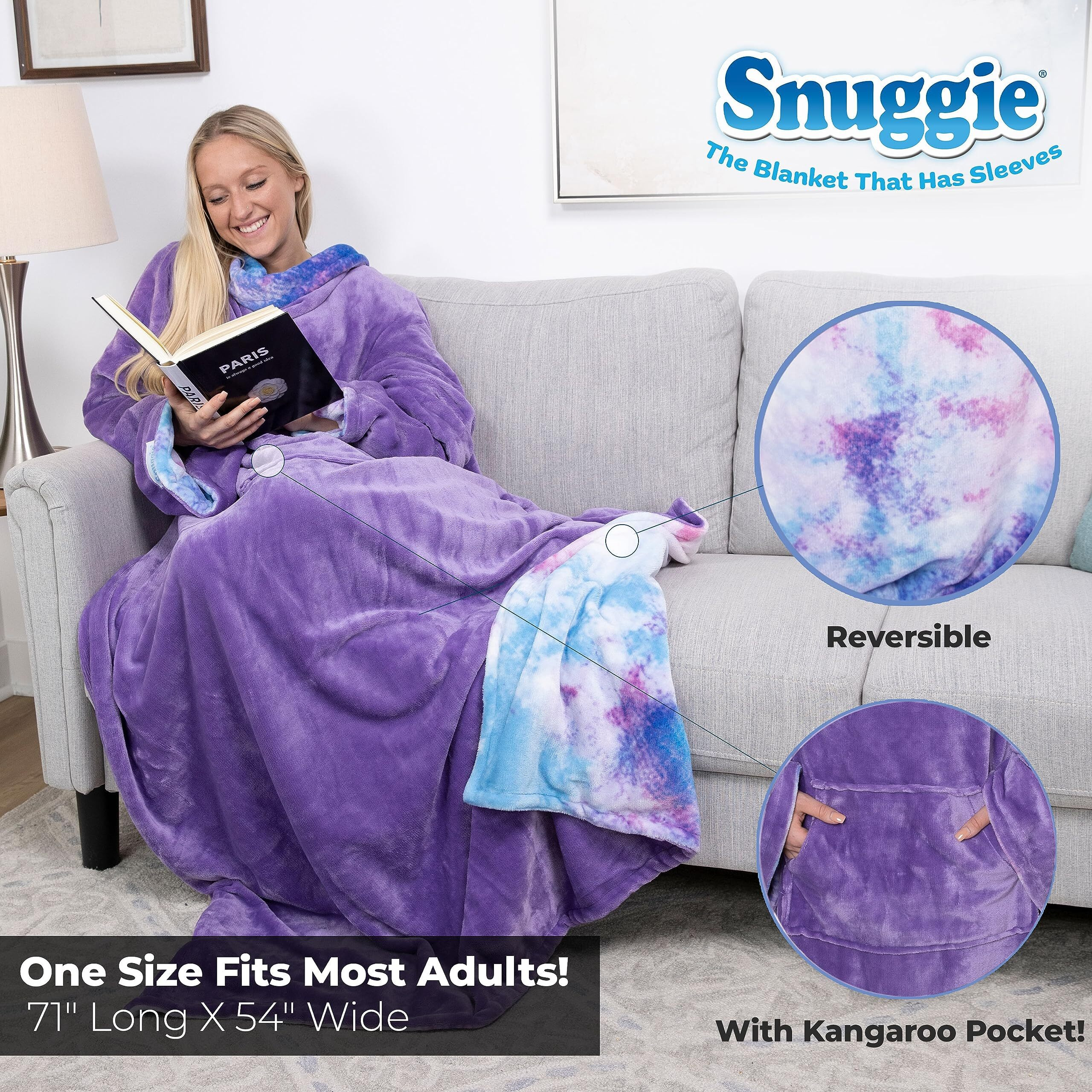 Snuggie Reversible - The Original As Seen On Tv Wearable Blanket That Has Sleeves - Cozy, Warm And Soft Velveteen - Oversized Functional Blanket With Pockets, Adult Size, Tie Dye/Purple