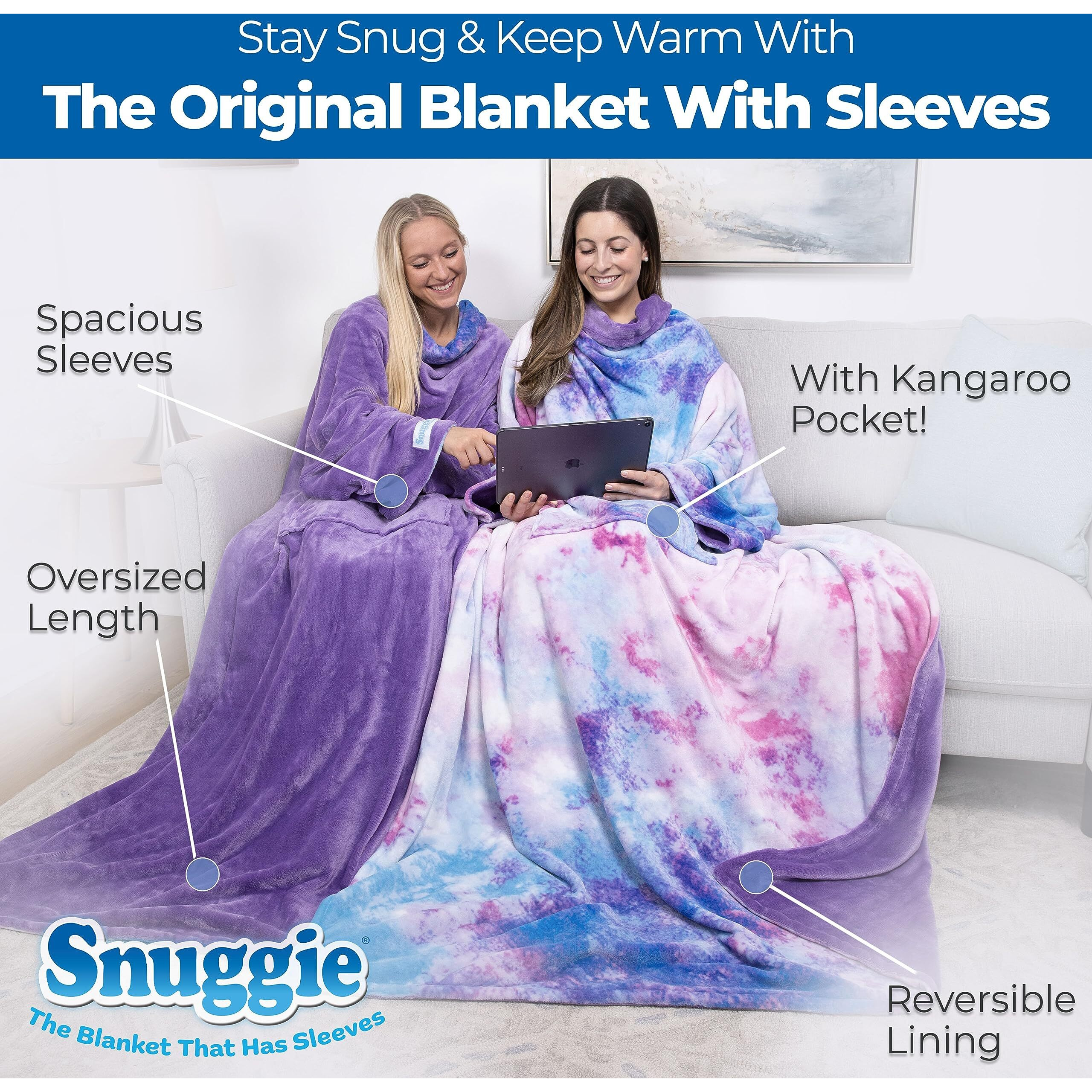 Snuggie Reversible - The Original As Seen On Tv Wearable Blanket That Has Sleeves - Cozy, Warm And Soft Velveteen - Oversized Functional Blanket With Pockets, Adult Size, Tie Dye/Purple