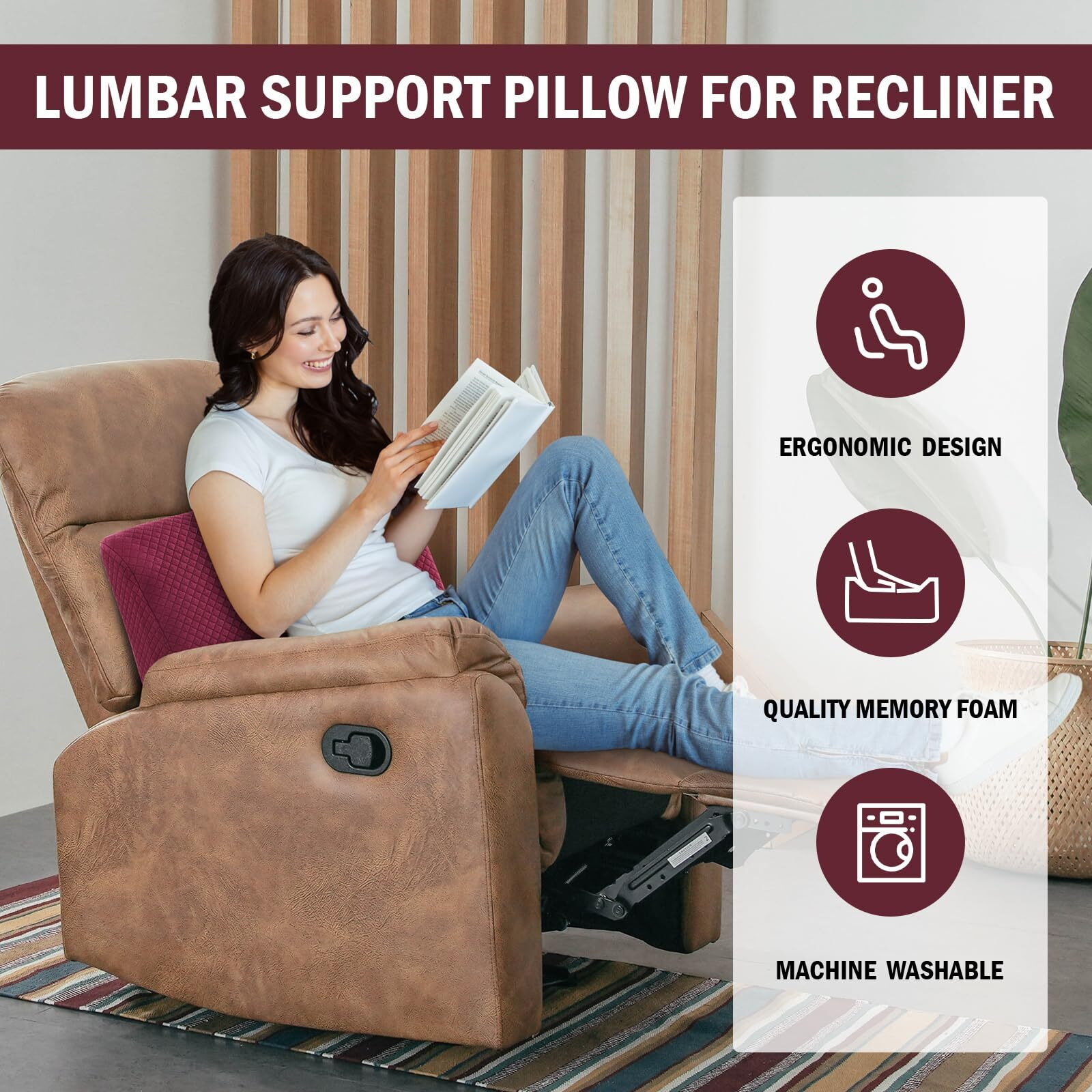 Hombys Lumbar Support Pillow For Recliner Chair, Memory Foam Back Support Cushion For Elderly,Extra Large Lumbar Support Pillow With Extension Straps, Thick Backrest For Home Reading