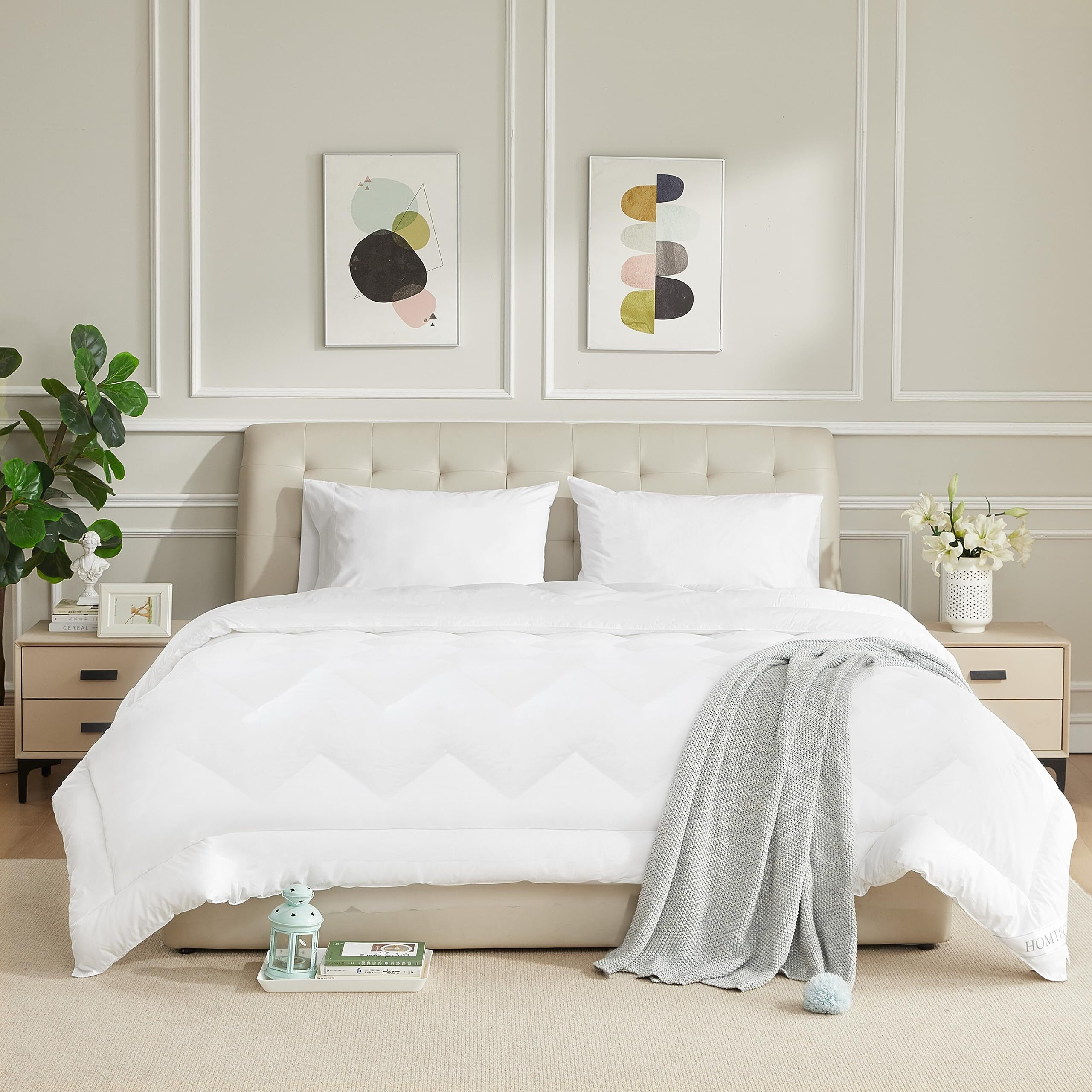 Homtec Duvet Insert Cotton Comforter Queen Size White Down Alternative Duvet Insert 100% Cotton Quilted Fluffy Comforter Lightweight All Season 4 Corner Tabs Durable Breathable Noiseless