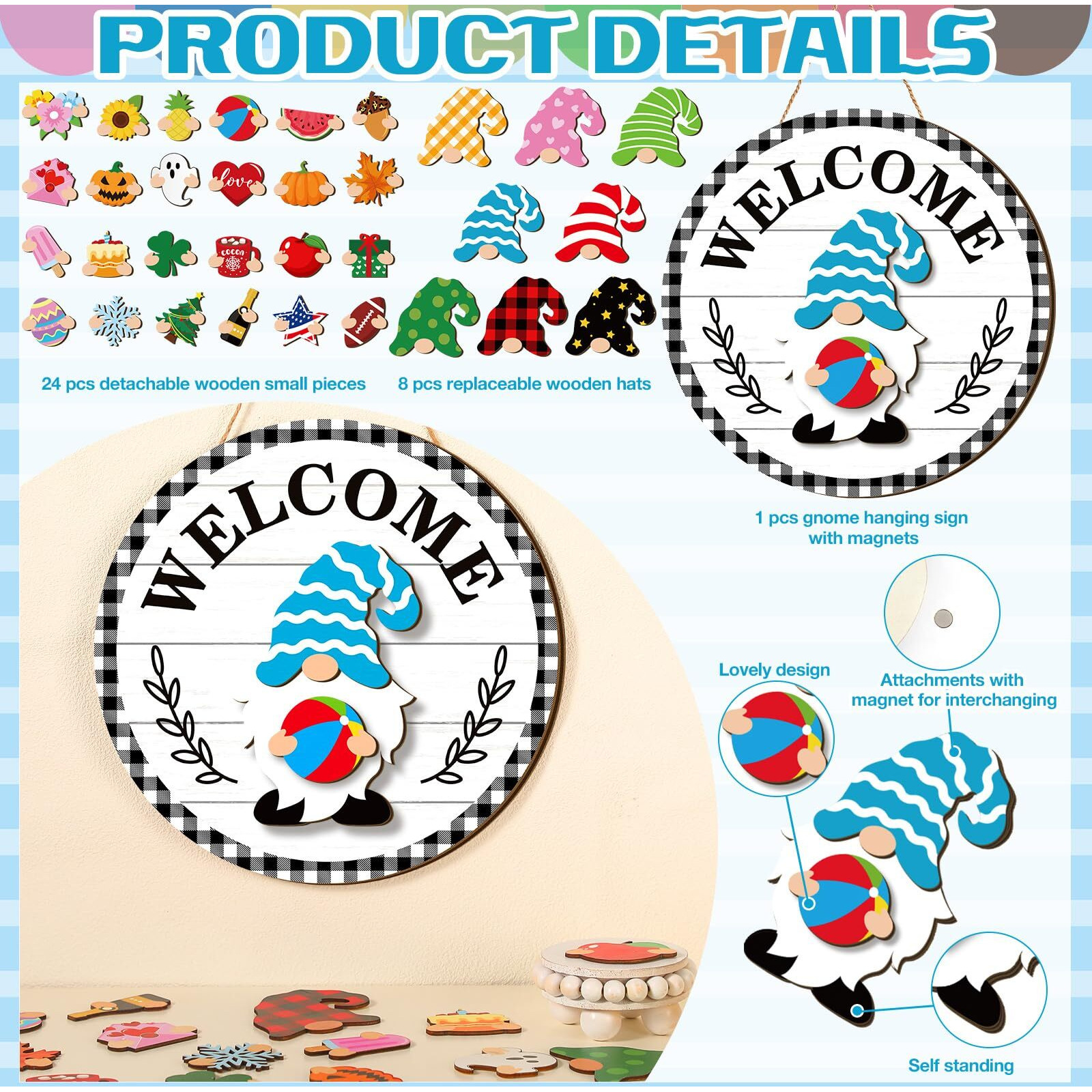 Qunclay Interchangeable Wooden Gnome Decor Holiday Seasonal Gnome Decorations With 15 Magnet Pieces And 15 Detachable Hats Gnome Changeable Welcome Sign For Home