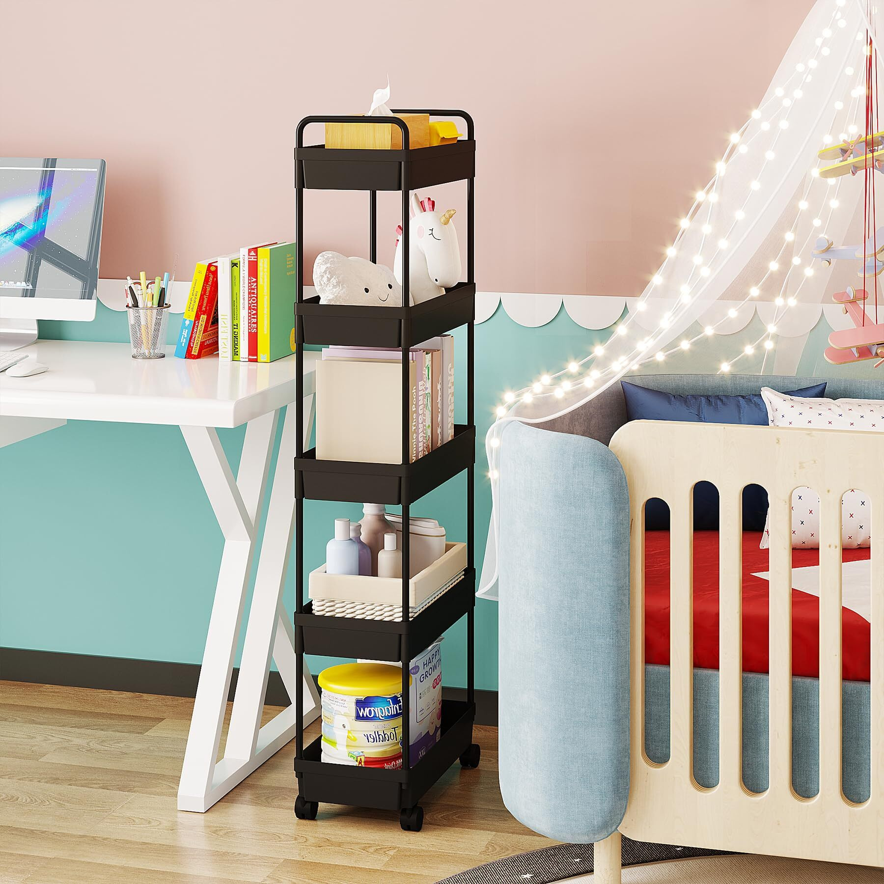 Buzowruil Rolling Storage Cart 5 Tier Organizer Mobile Shelving Unit Storage Rolling Utility Cart With Wheels For Kitchen Bathroom Laundry,Black