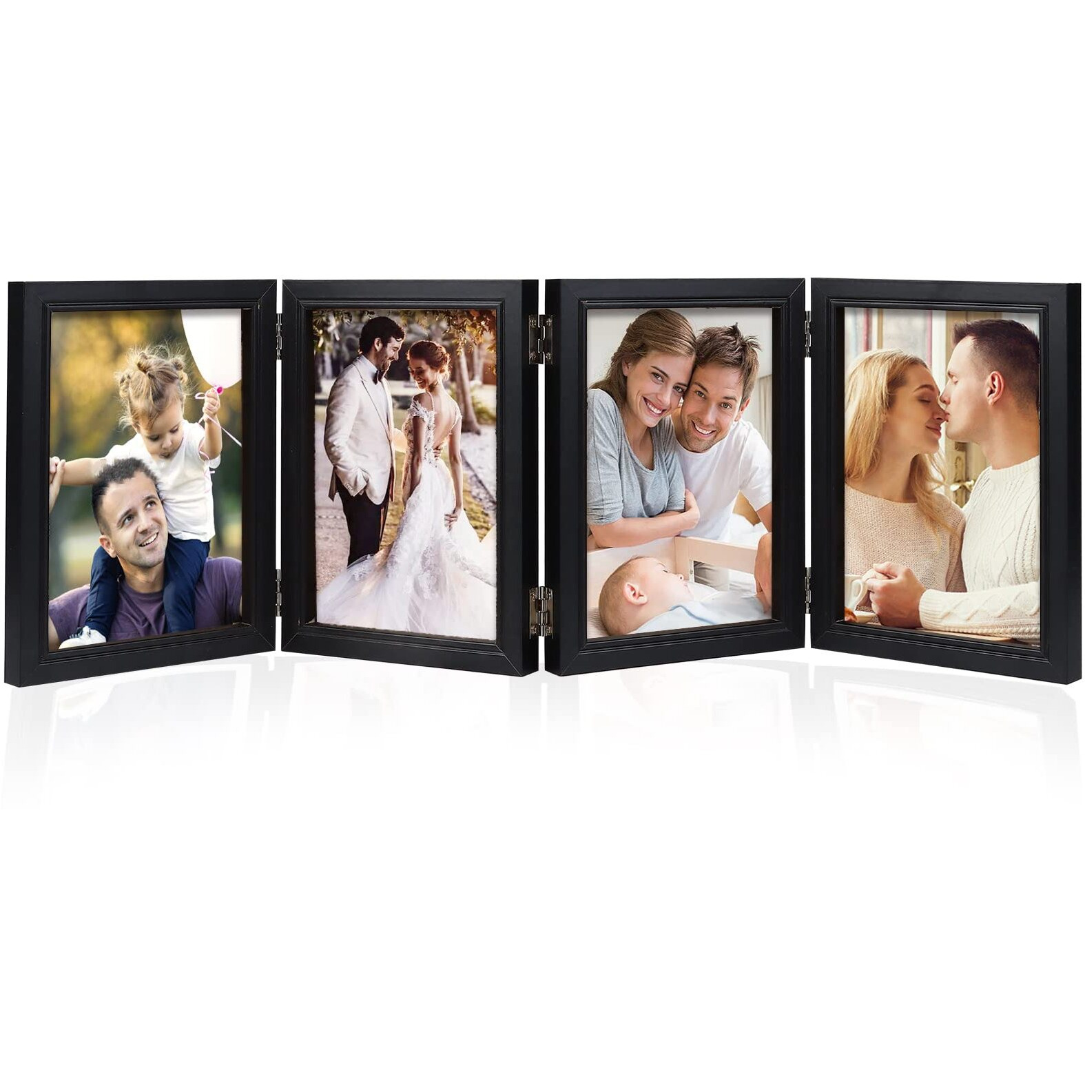 Poilkmni 4 Folding 5X7 Inch Hinged Picture Frame High Definition Natural Wood Picture Frame Rustic Desktop Acrylic Frame Family Photo Collage For Birthday Thanksgiving Christmas Family Lover Gift