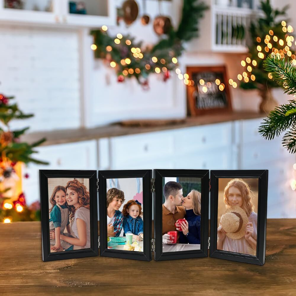 Poilkmni 4 Folding 5X7 Inch Hinged Picture Frame High Definition Natural Wood Picture Frame Rustic Desktop Acrylic Frame Family Photo Collage For Birthday Thanksgiving Christmas Family Lover Gift