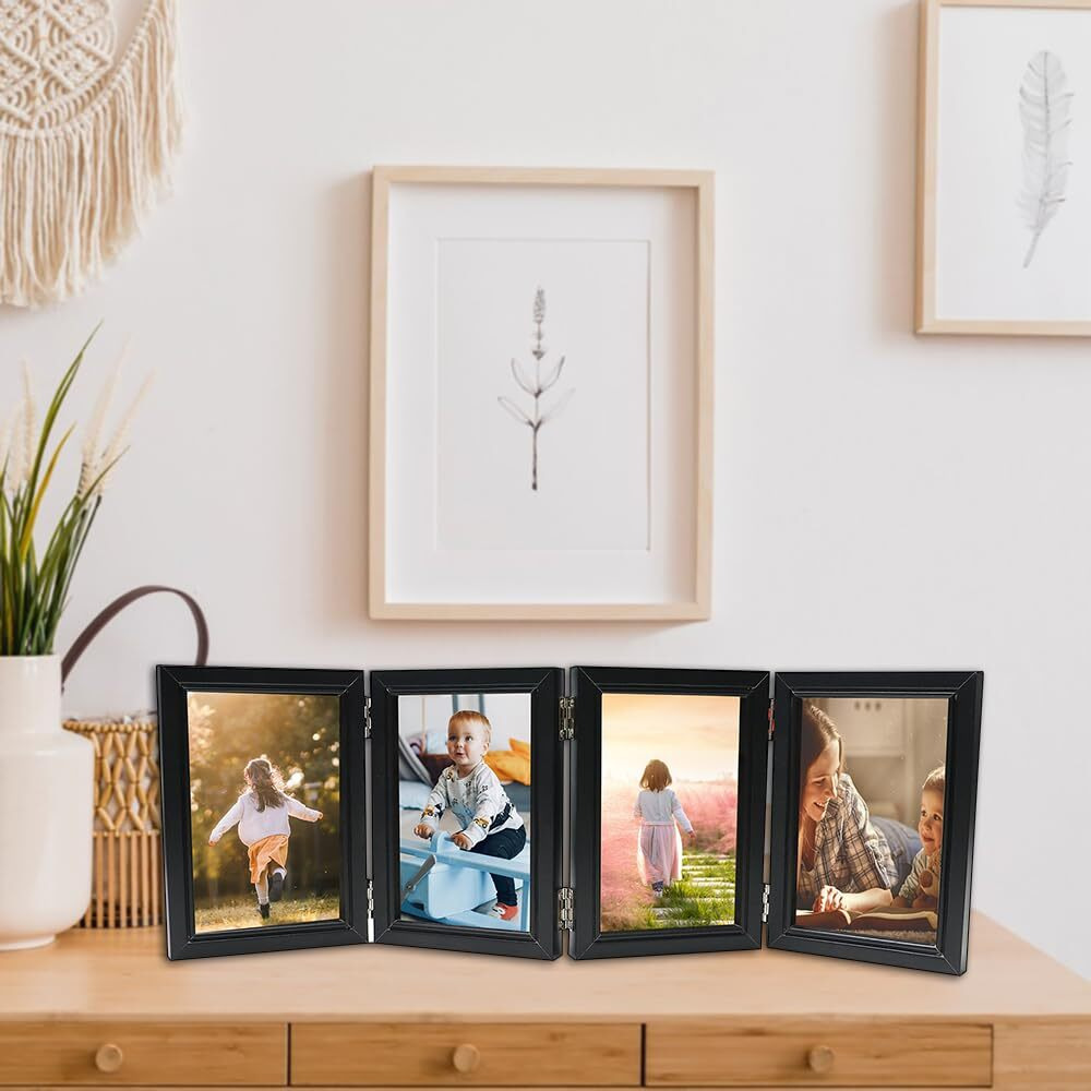 Poilkmni 4 Folding 5X7 Inch Hinged Picture Frame High Definition Natural Wood Picture Frame Rustic Desktop Acrylic Frame Family Photo Collage For Birthday Thanksgiving Christmas Family Lover Gift