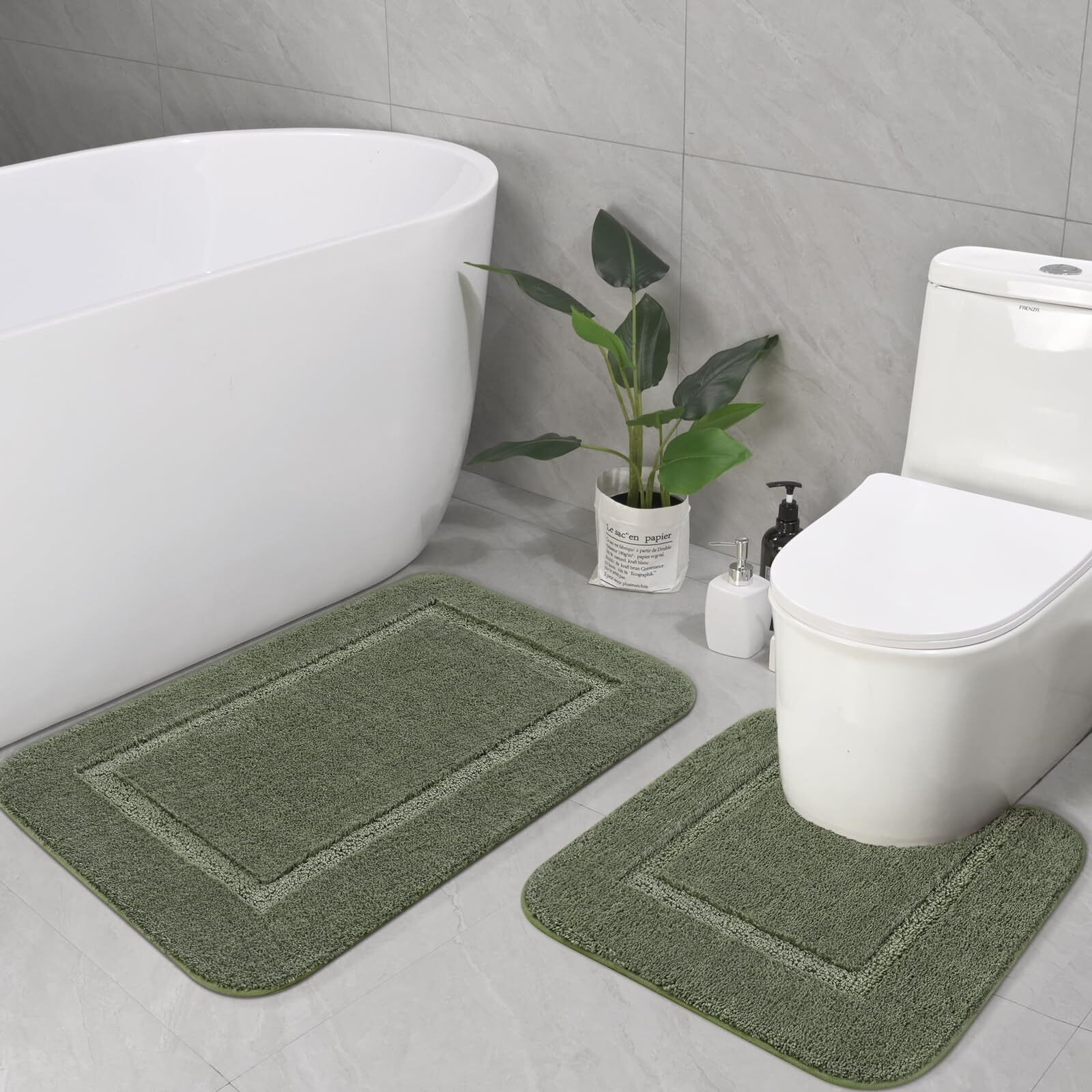 Lochas Bathroom Rug Set Sage Green, Soft Bath Rug Set 2 Piece Set, Toilet Mat U-Shaped 20X20 And 34X20 Bathroom Rugs, Quickly Dry Mats For Bathroom, Tub, Washable, Super Absorbent Floor Mat
