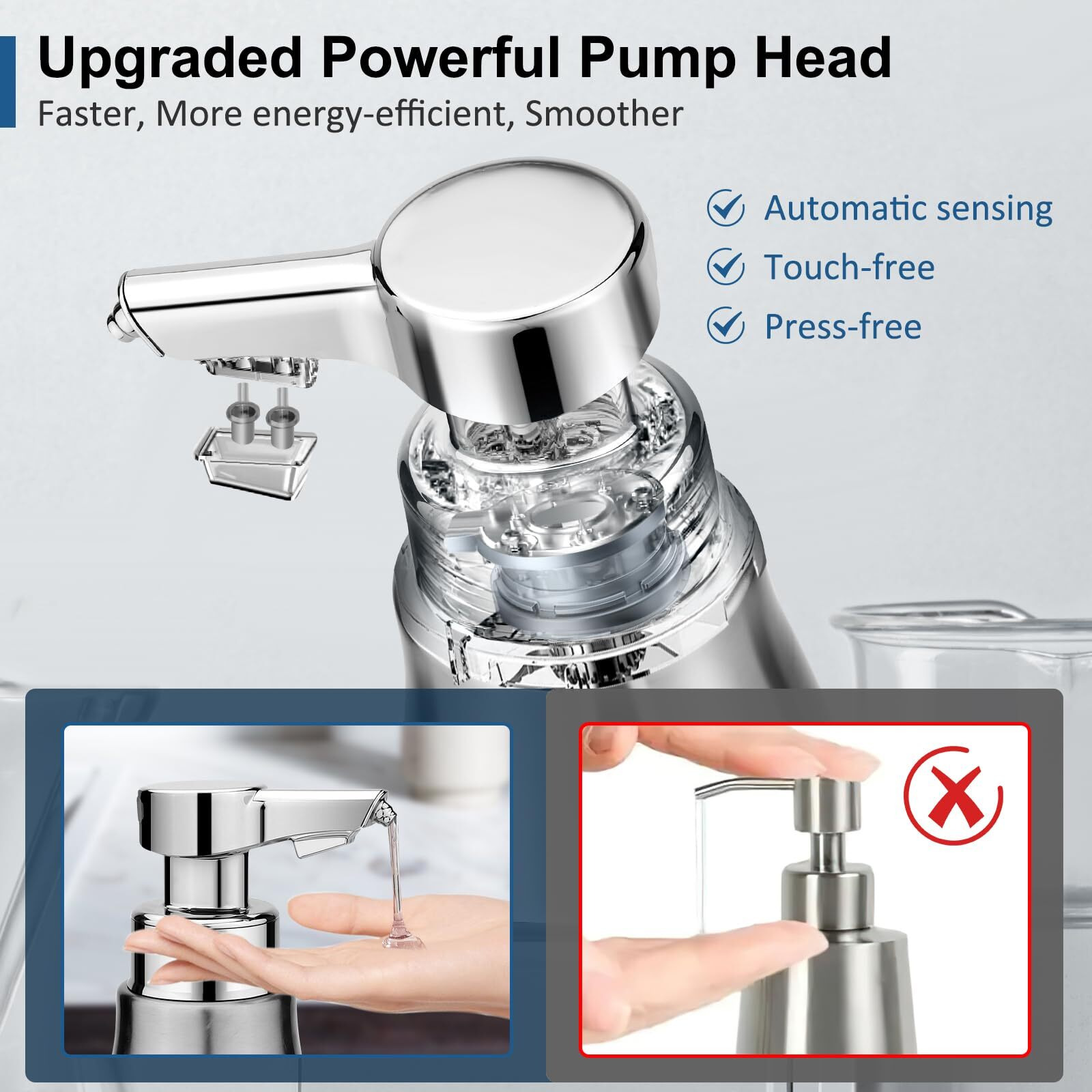 Blancel Automatic Soap Dispenser Touchless Stainless Steel Auto Liquid Hand Dish Soap Dispenser 3-Level Adjustable Hands Free Electric Silver Soap Dispenser Rechargeable For Kitchen Bathroom