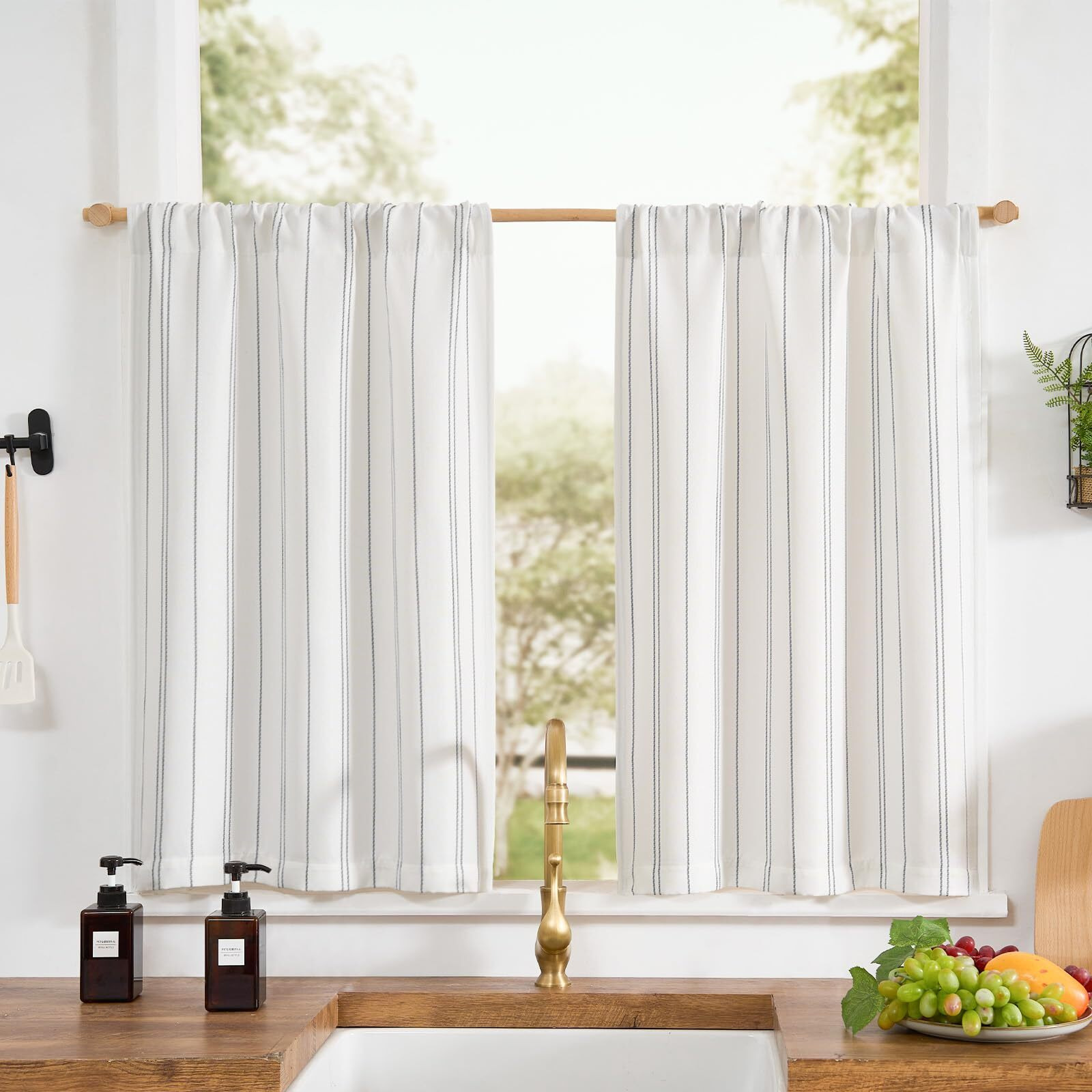 Jinchan Striped Kitchen Curtains 36 Inches Linen Look Short Curtains For Windows Grey On White Cafe Curtains Modern Farmhouse Tiers For Living Room Bathroom Rv Light Filtering Rod Pocket 2 Panels