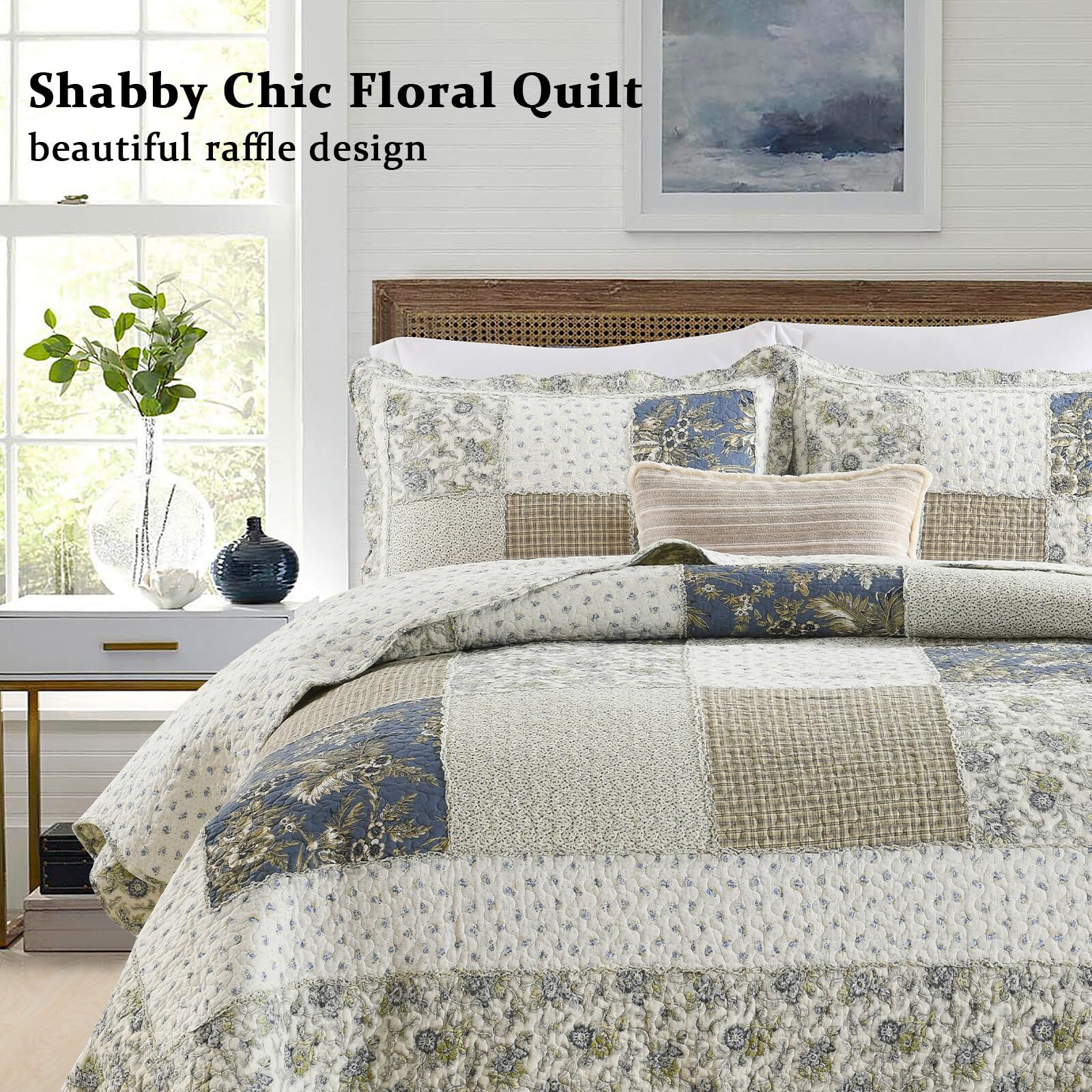 Yvooxny Quilt Set Queen Size Reversible Country Farmhouse Floral Real Patchwork Quilted Bedspread 3-Piece Quilt Set With Pillowcases With Ruffles For All Seasons, 90 X 98 Inches
