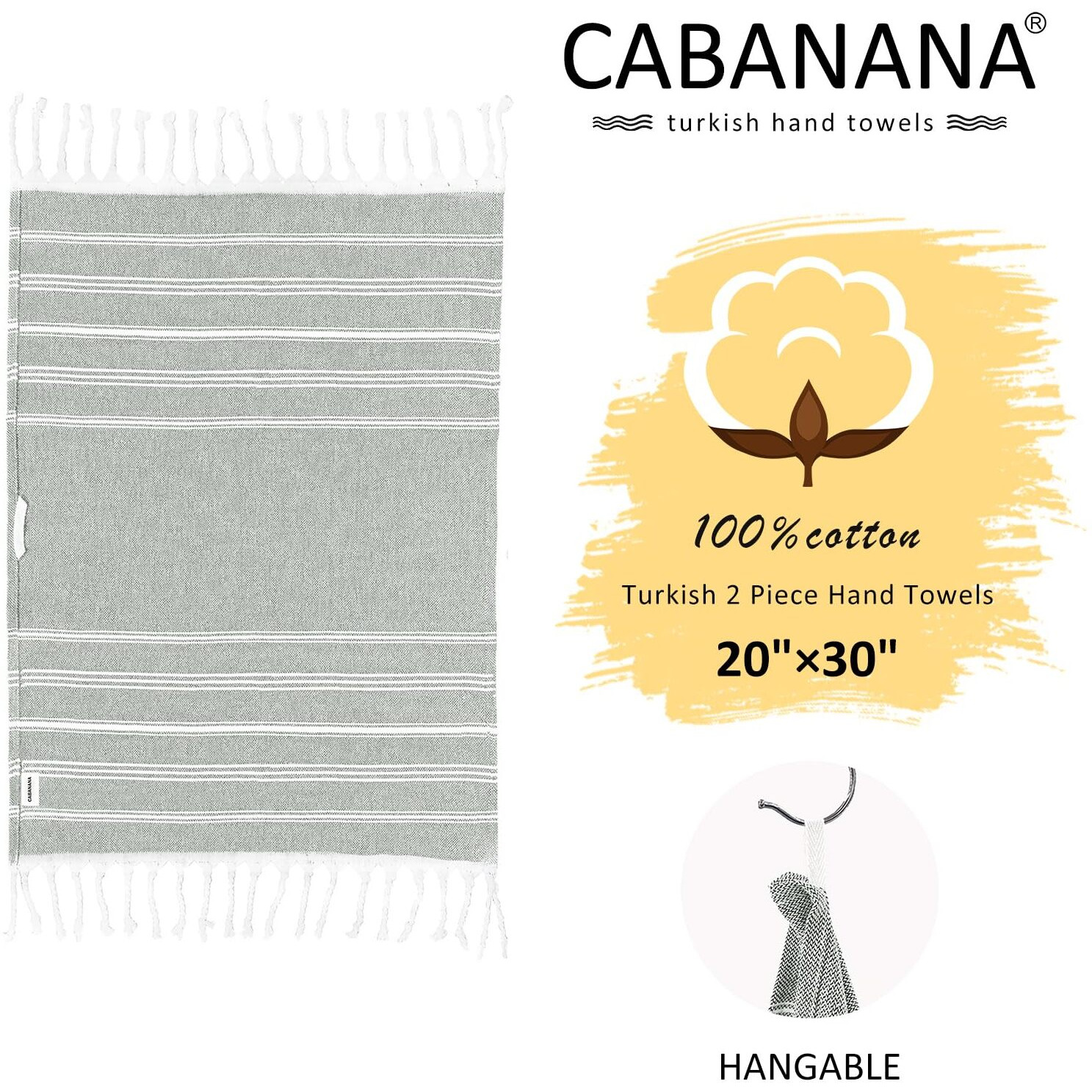 Cabanana Cotton Turkish Hand Towel - Set Of 2 | Boho Kitchen Tea Towels, 30 X 20 Inches Thin Decorative Bathroom Towel (Grey)