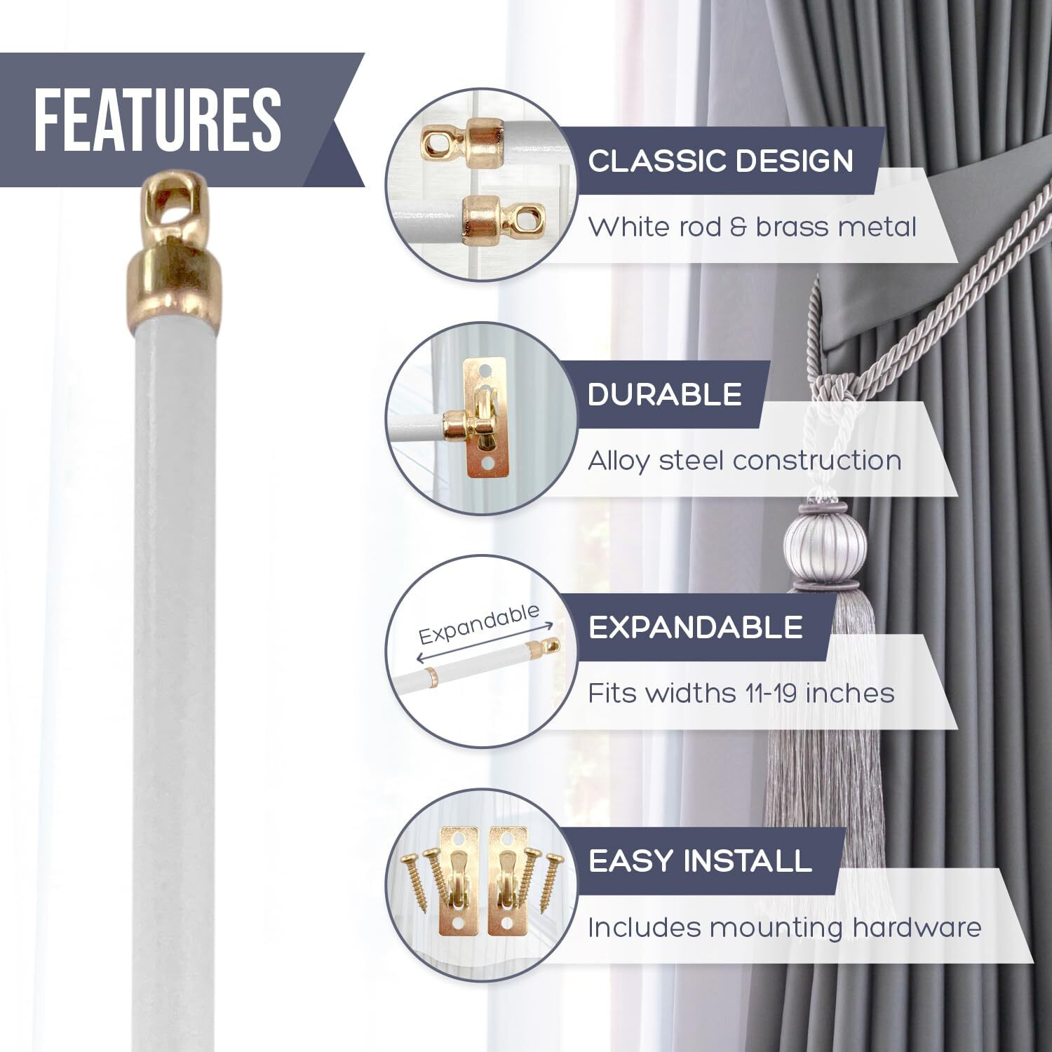 Amazing Drapery Hardware White Swivel Sash Curtain Rods With Brass Ends, Set Of 2 (Hardware Included) - Adjustable Length 11-19 Inches, Easy To Install Metal Rods For Doors, Windows, And Sidelights