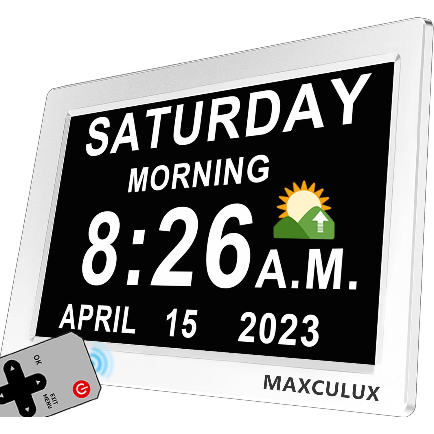 Maxculux Upgraded Digtal Clock With Day And Date For Seniors, Auto Dst, 19 Alarms & Auto Dimmable, Non-Abbreviated Extra Large Clock For Elderly Dementia Alzheimers