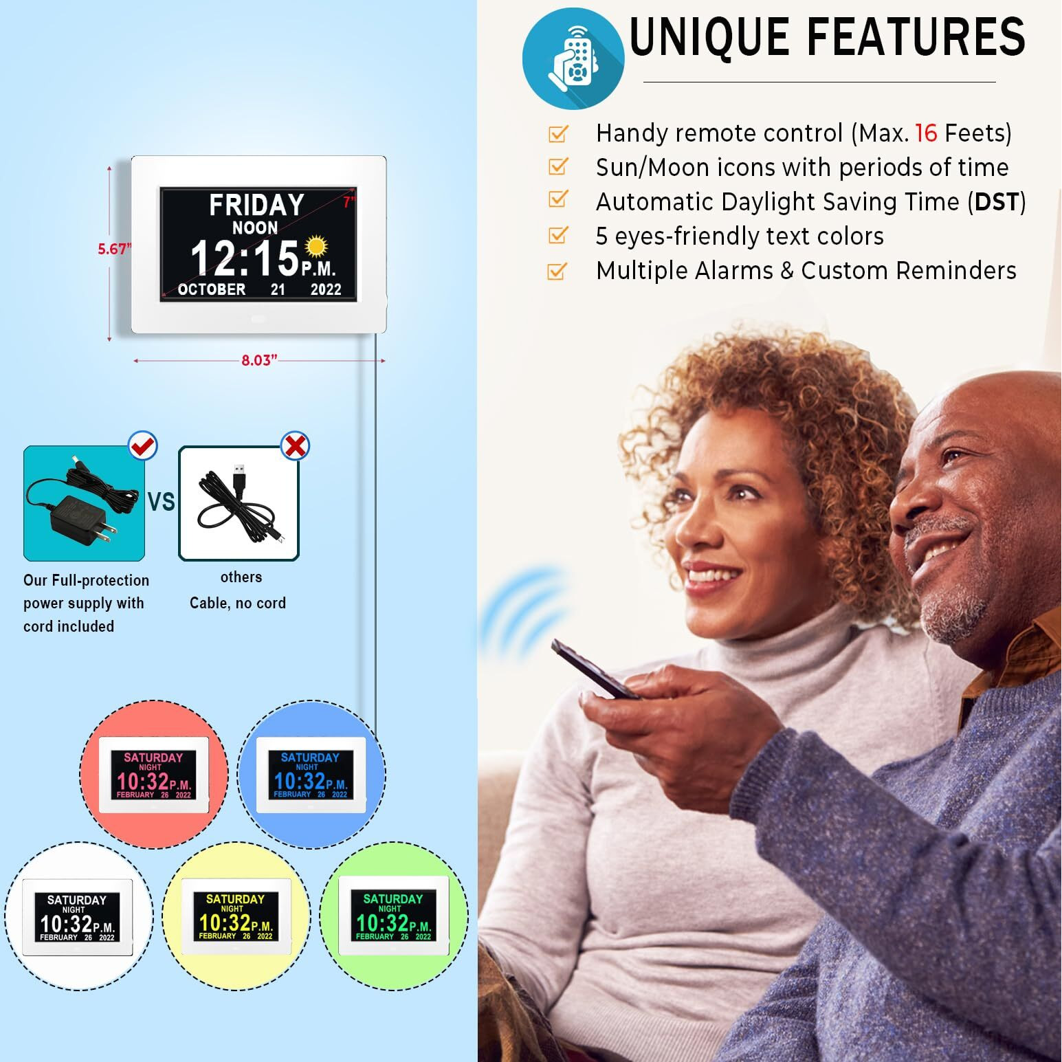 Maxculux Upgraded Digtal Clock With Day And Date For Seniors, Auto Dst, 19 Alarms & Auto Dimmable, Non-Abbreviated Extra Large Clock For Elderly Dementia Alzheimers