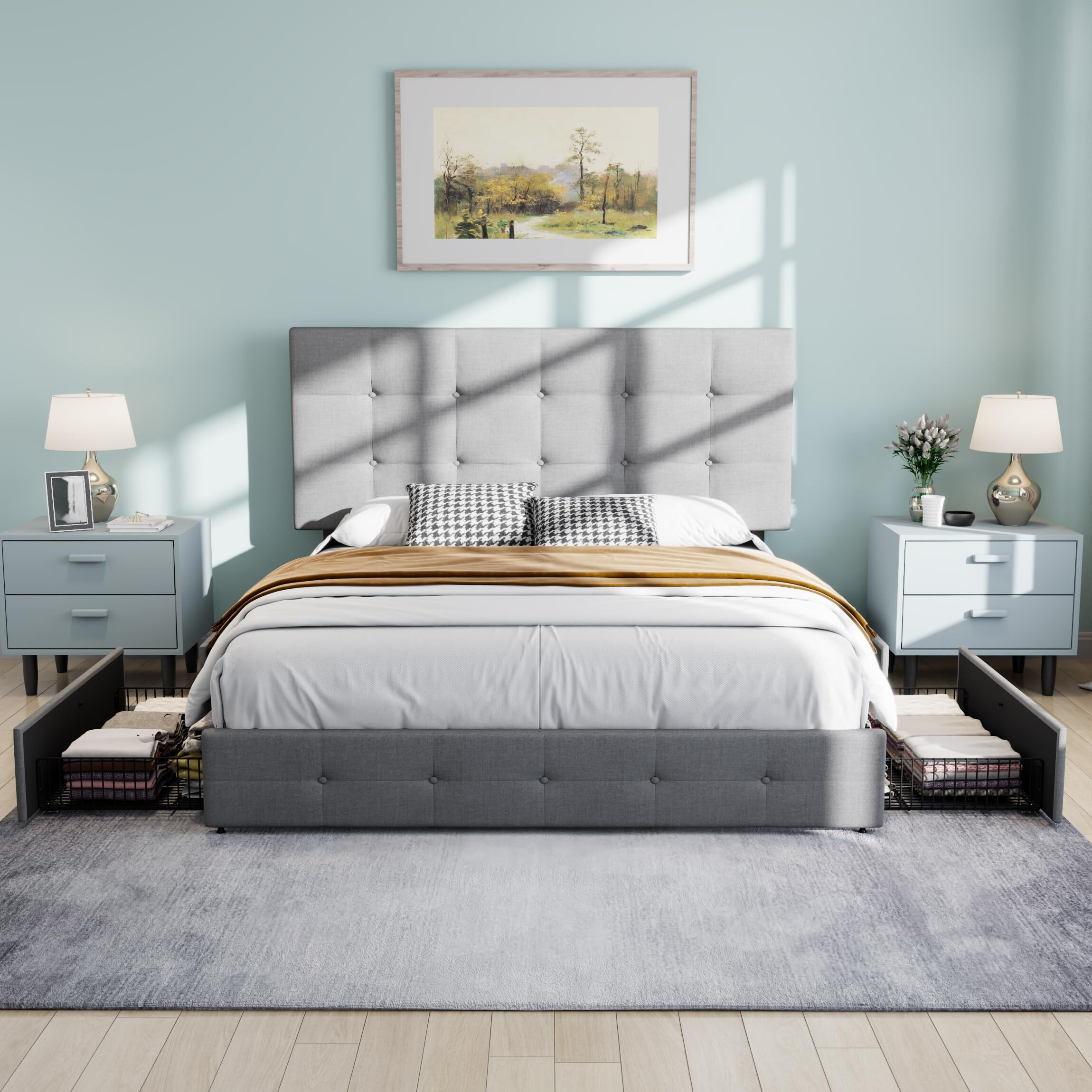 Sha Cerlin Upholstered Full Size Platform Bed Frame With Adjustable Headboard And 4 Drawers Under Bed Storage, No Box Spring Needed, Square Stitches Button Tufted Design, Light Grey