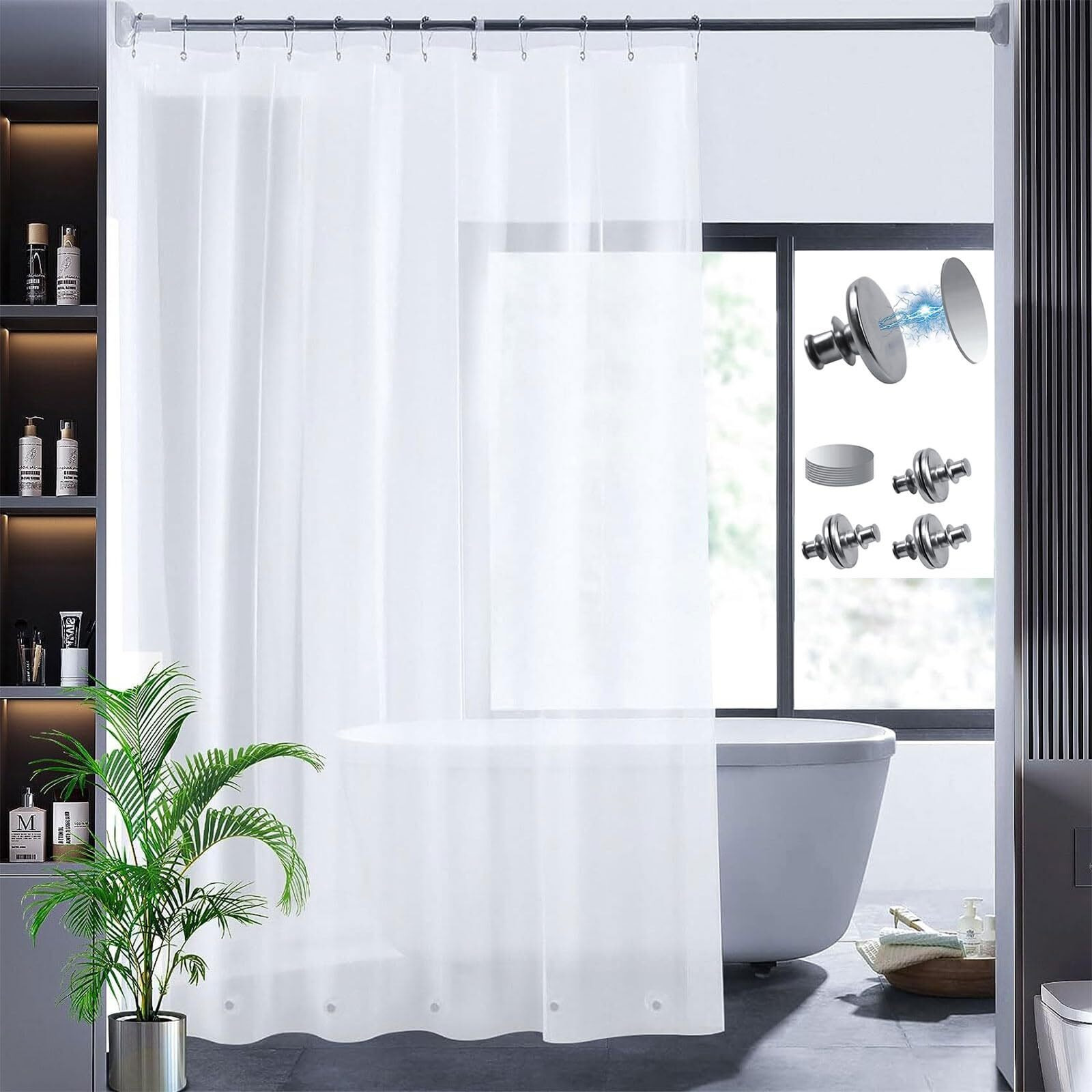 Frosted Shower Curtain Liner 76 Inches Long With 6 Bottom Magnets & 6 Side Magnets To Keep 72X76 Inch Shower Curtain Or Liner Closed And Tight To The Wall With Self-Adhesive Patch