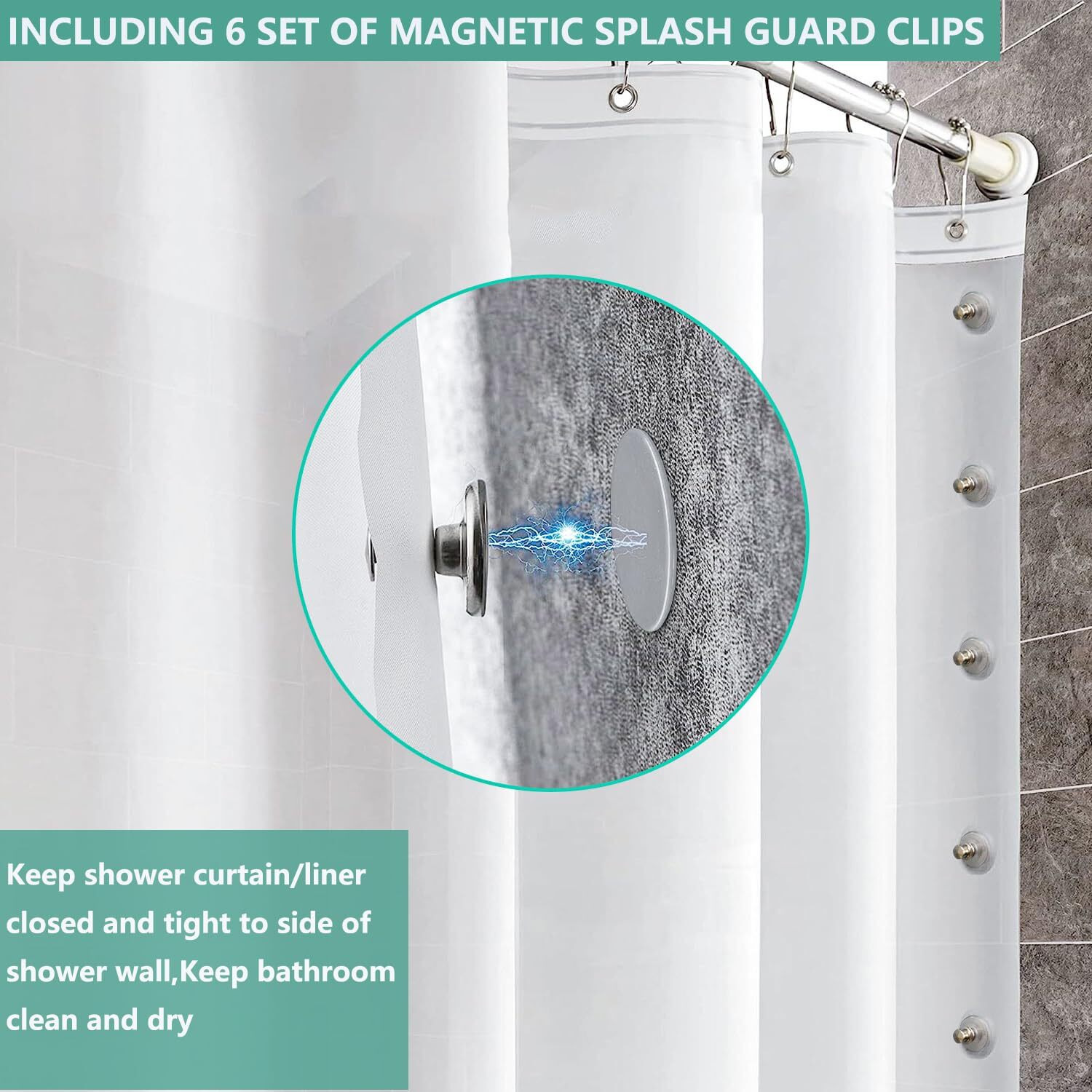 Frosted Shower Curtain Liner 76 Inches Long With 6 Bottom Magnets & 6 Side Magnets To Keep 72X76 Inch Shower Curtain Or Liner Closed And Tight To The Wall With Self-Adhesive Patch