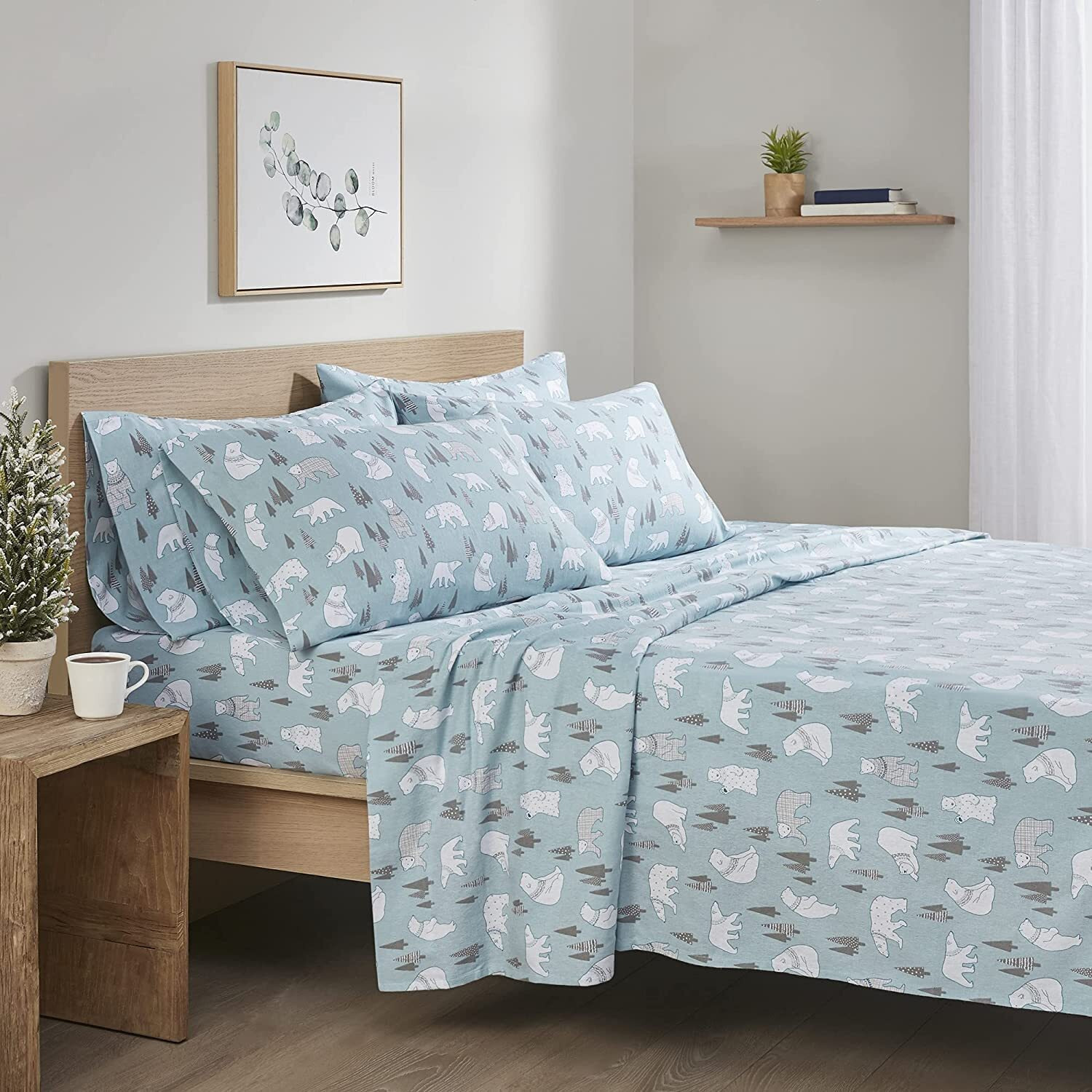 Comfort Spaces Cotton Flannel Breathable Warm, Deep Pocket Sheets With Pillow Case Bedding, Queen, Blue Polar Bears 4 Piece