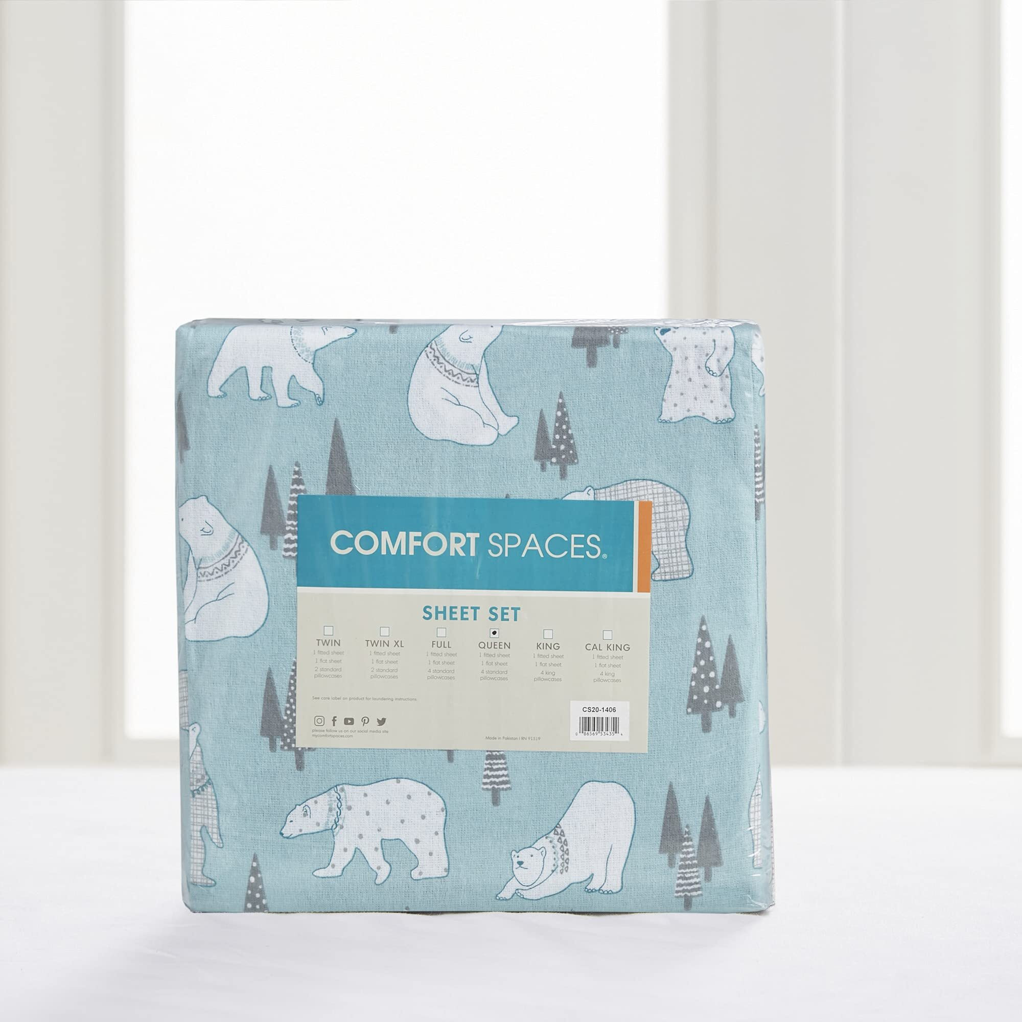 Comfort Spaces Cotton Flannel Breathable Warm, Deep Pocket Sheets With Pillow Case Bedding, Queen, Blue Polar Bears 4 Piece