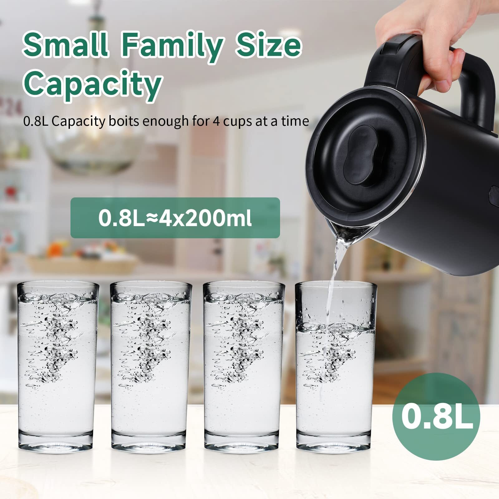Small Electric Tea Kettle Stainless Steel, 0.8L Portable Mini Hot Water Boiler Heater, Travel Electric Coffee Kettle With Auto Shut-Off & Boil Dry Protection (Black)