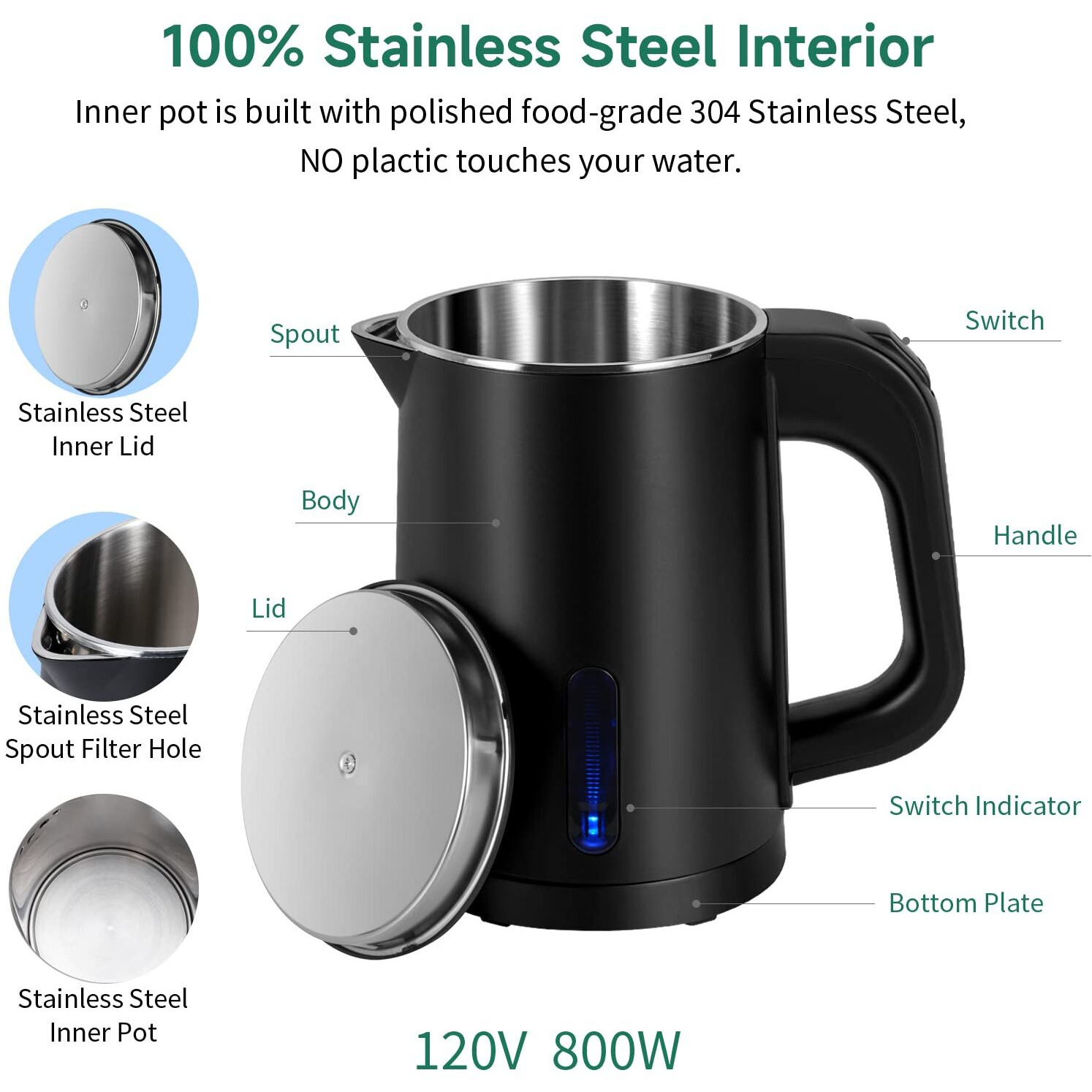 Small Electric Tea Kettle Stainless Steel, 0.8L Portable Mini Hot Water Boiler Heater, Travel Electric Coffee Kettle With Auto Shut-Off & Boil Dry Protection (Black)