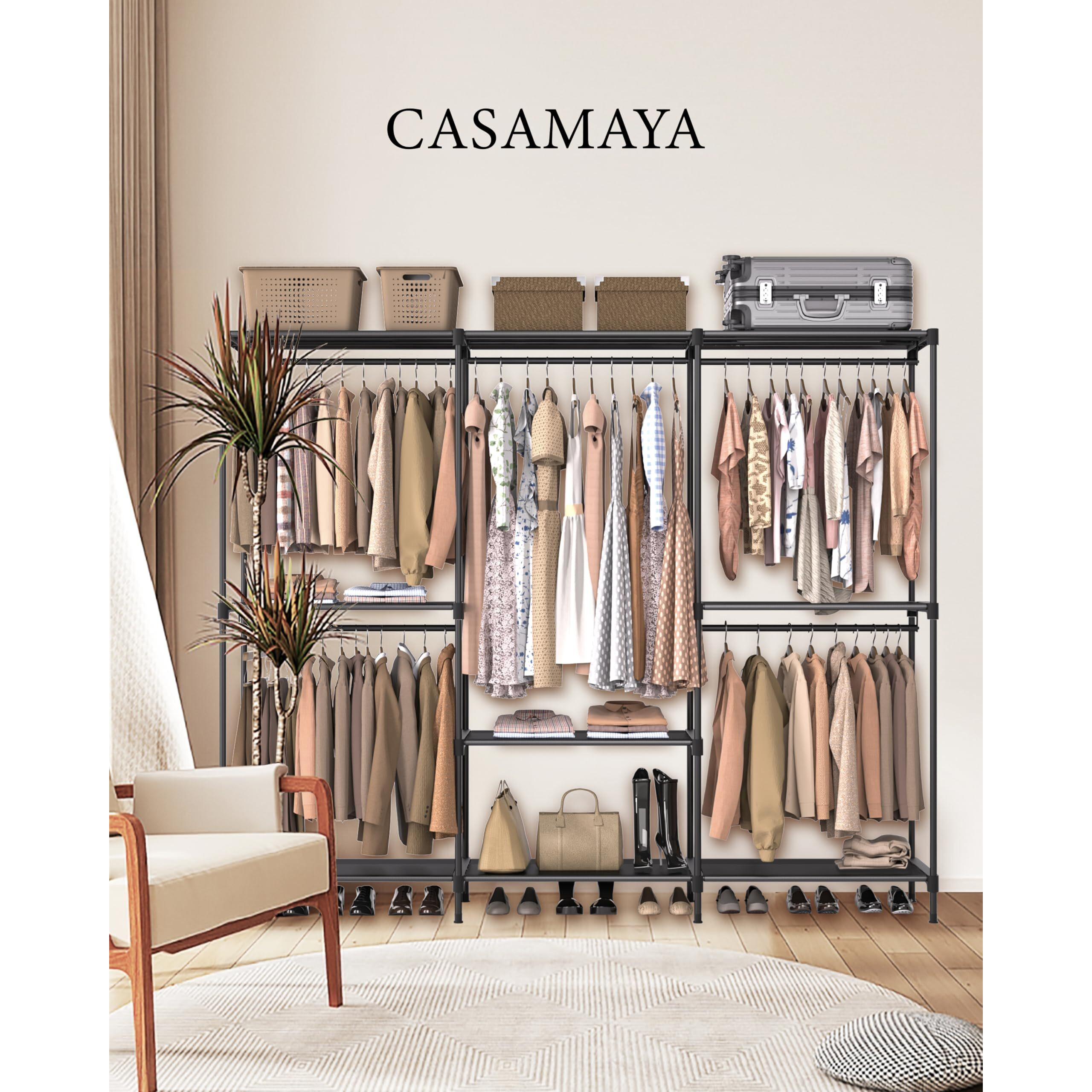 Casamaya Clothes Rack, Portable Closet, 80.7 Inch Extra Large Capacity Wardrobe Closet, Clothes Storage Organizer With Shelves And 5 Hanging Rods, Easy To Assembly, Black Pct036B01